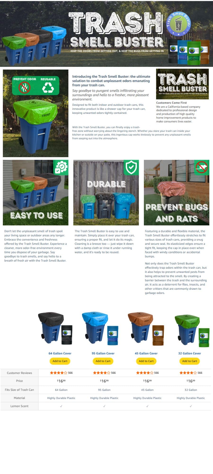 Trash Can Smell Eliminator Cover Odor Eliminating Bag with Optional Straps Lemon Scented Durable Chemical Free 95 Gallon 2 Pack (2 Count)