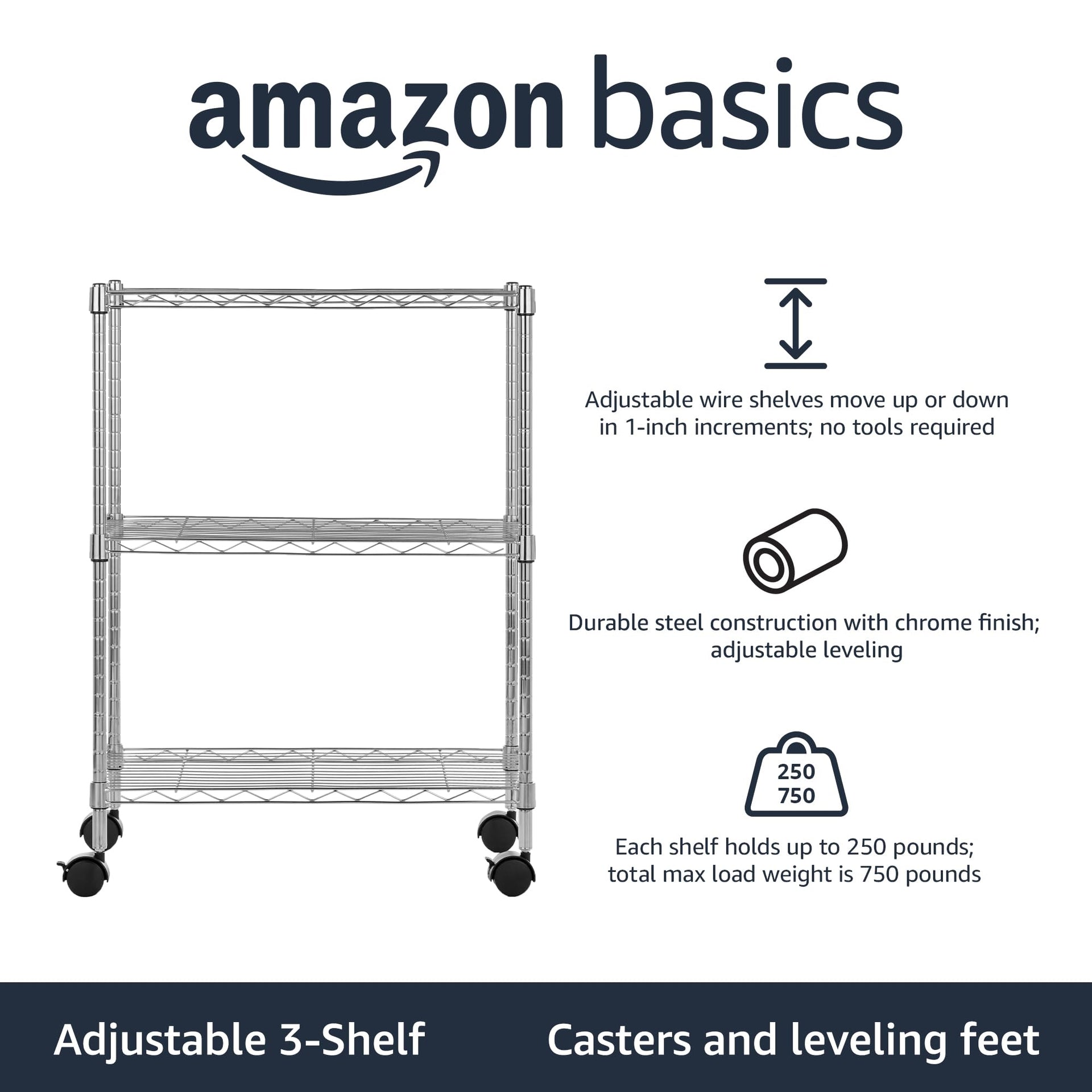 3 Shelf Heavy Duty Adjustable Wire Shelving Storage Rack on 2" PP Plastic Wheel Casters