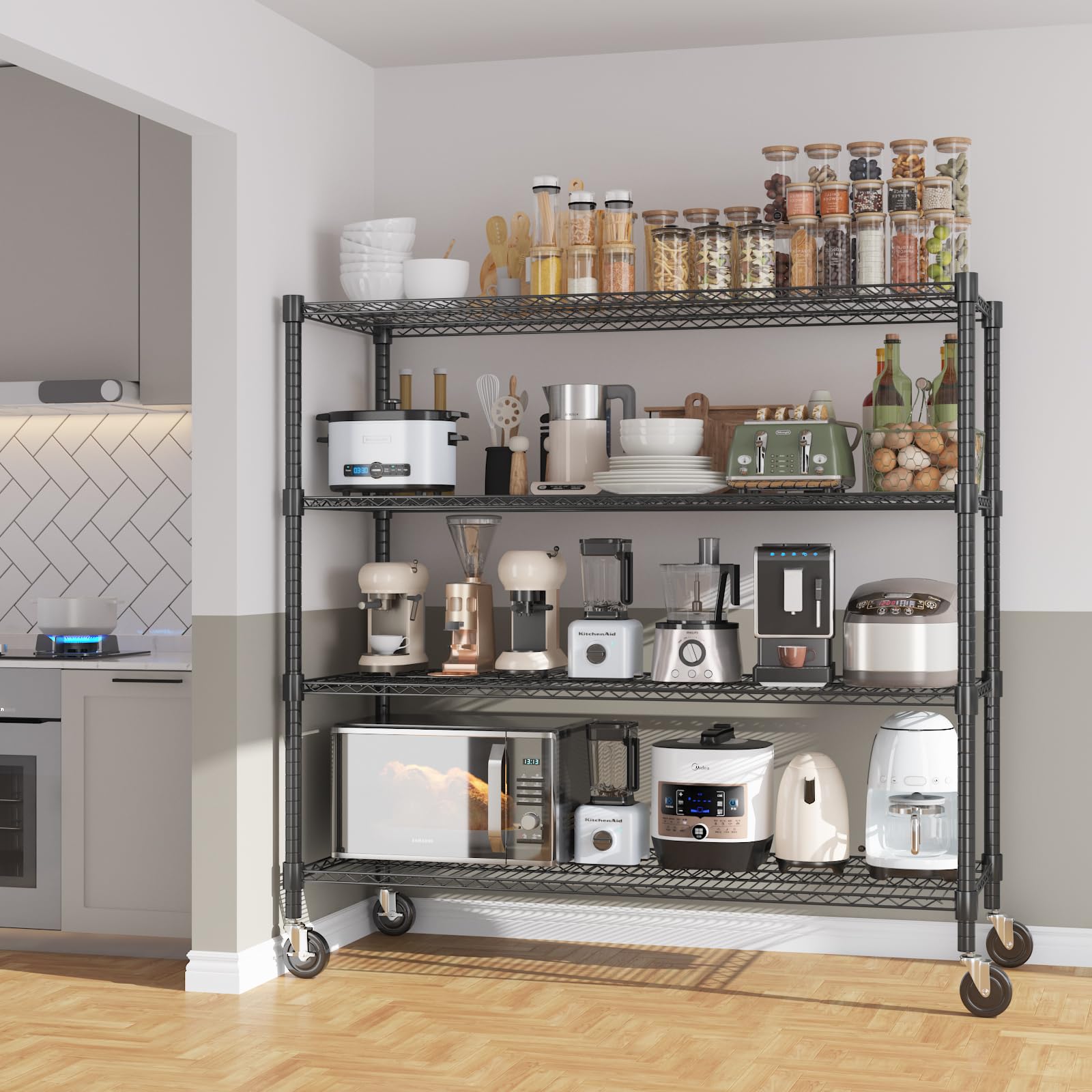 72" H Storage Shelves 4 Tier Metal Shelving Adjustable Wire Shelf with Wheels