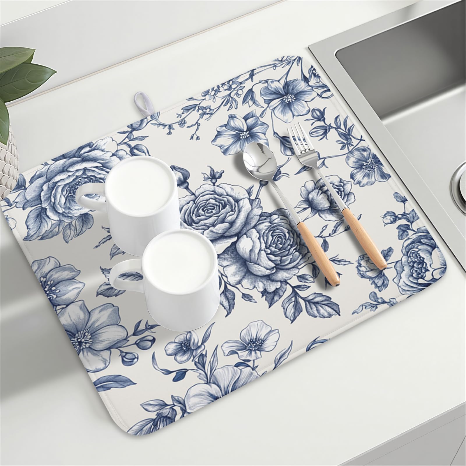 Vintage Floral Dish Drying Mat for Kitchen Counter Blue Floral Chinoiserie Pattern Dish Drying Pad 18x24 In Absorbent French Farmhouse Decor Dishes Drainer Pad Dish Dry Rack Mat for Counter Coffee Bar