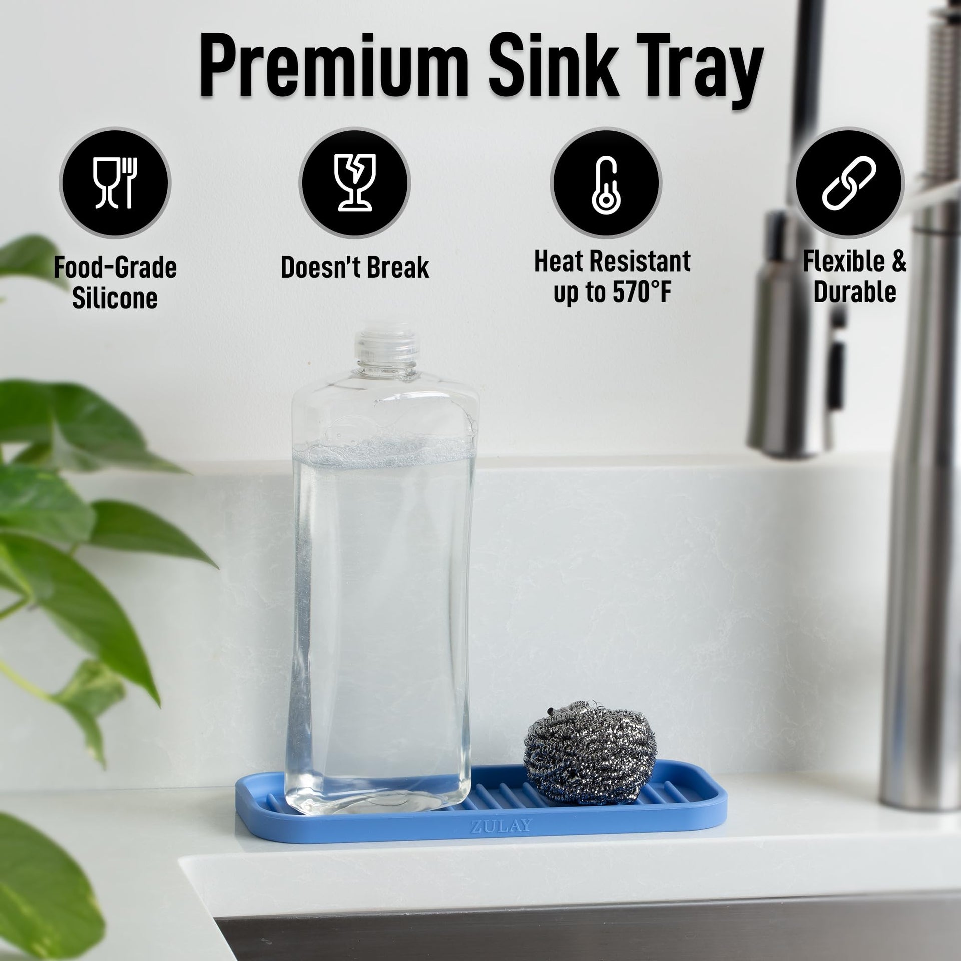 9x3.5) Silicone Sponge Holder for Kitchen Sink - Flexible Multipurpose Soap Tray Sponge Holder - Sink Organizer Tray for, Bathroom, Makeup, Trinkets & More (Provence Blue)