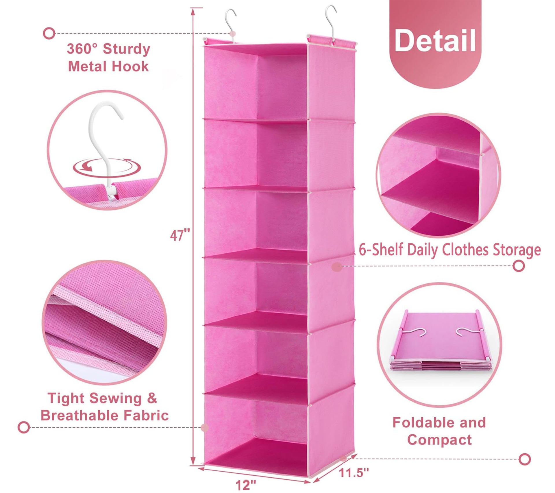 6 Shelf Hanging Closet Organizer with 2 Sturdy Hooks