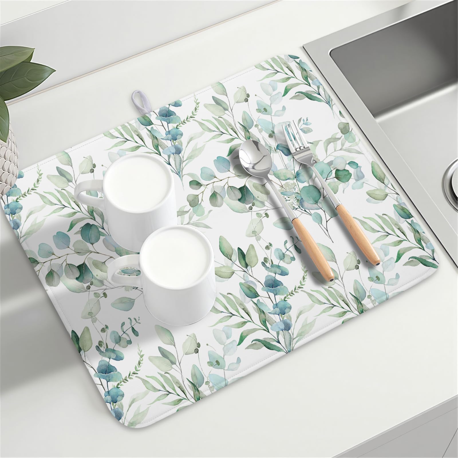 Sage Green Leaves Dish Drying Mats for Kitchen Counter 18x24 Inch