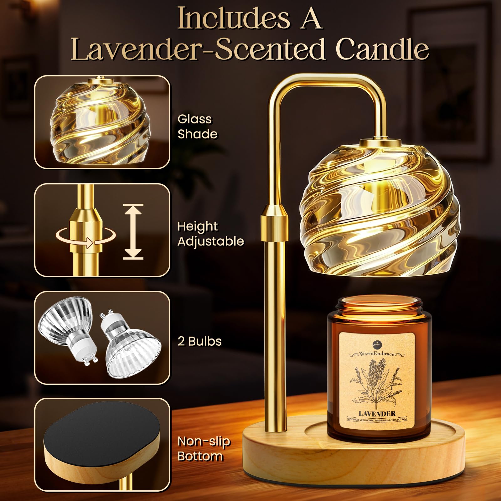 Candle Warmer Lamp with Lavender Candle Set Glod