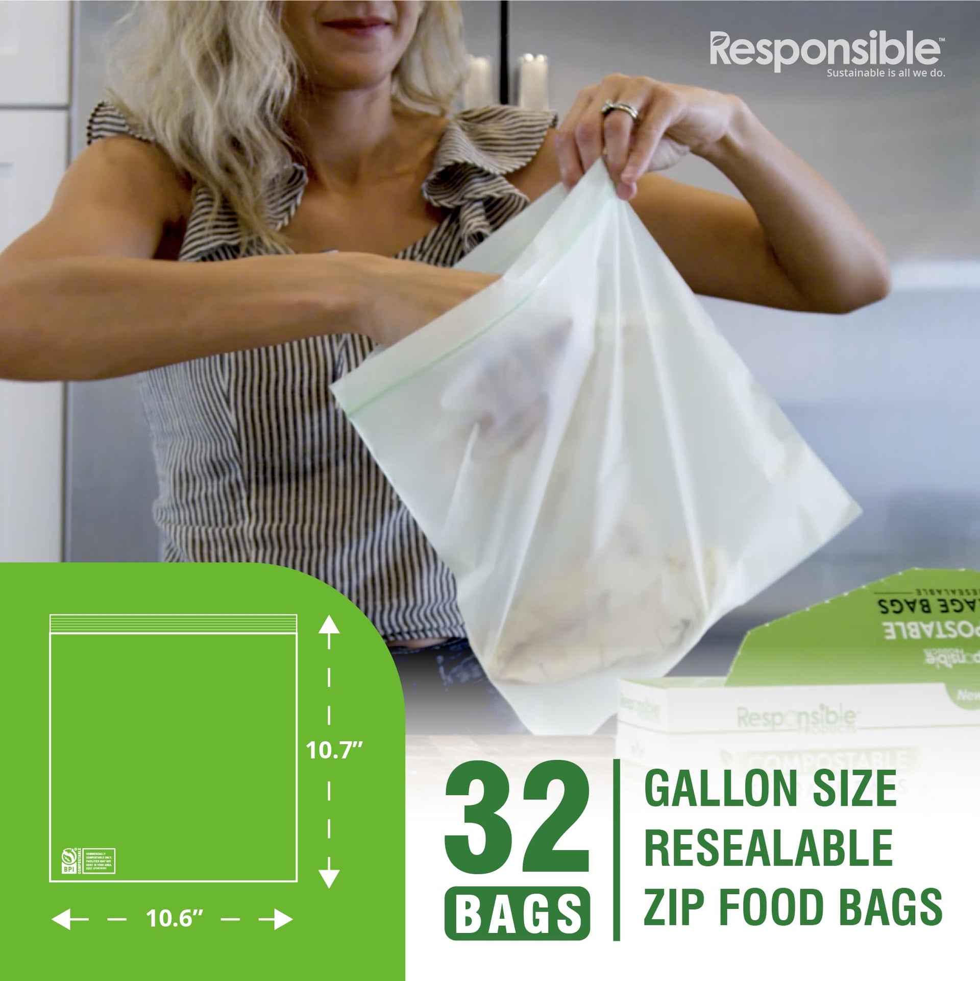 Certified Compostable Large GALLON Resealable Zip Bag (32 Count)
