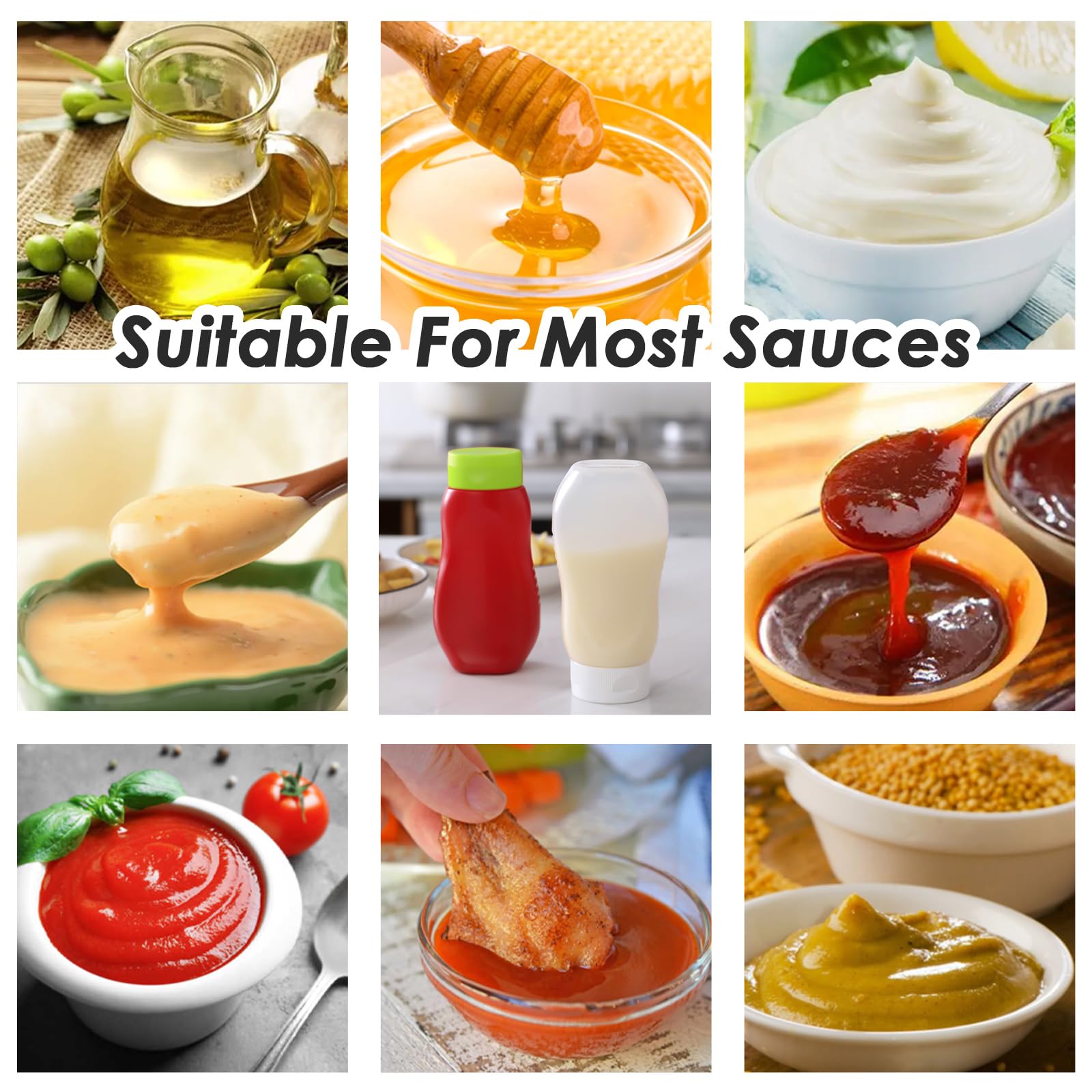 Condiment Squeeze Bottles for Ketchup Hot Sauce Liquids Oil with Caps for Condensed Milk Mustard Salad Dressing Dispenser Clear Plastic Bottles Dressing Container HD PE