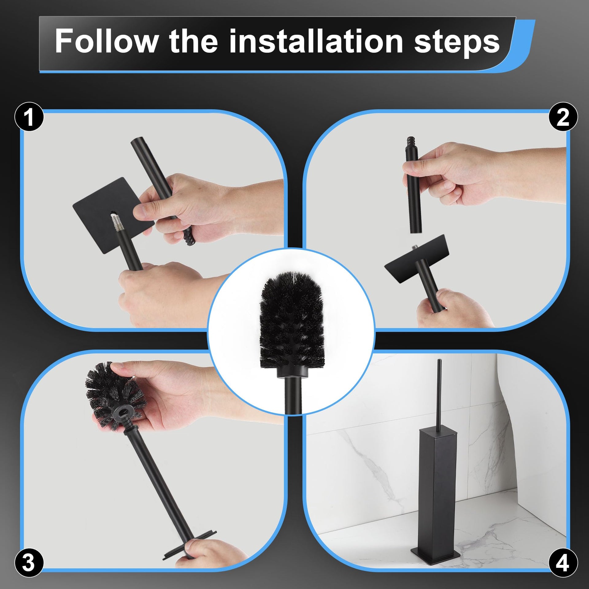 Toilet Brush and Holder Set Black Stainless Steel 304 Square Freestanding Toilet Brush for Bathroom