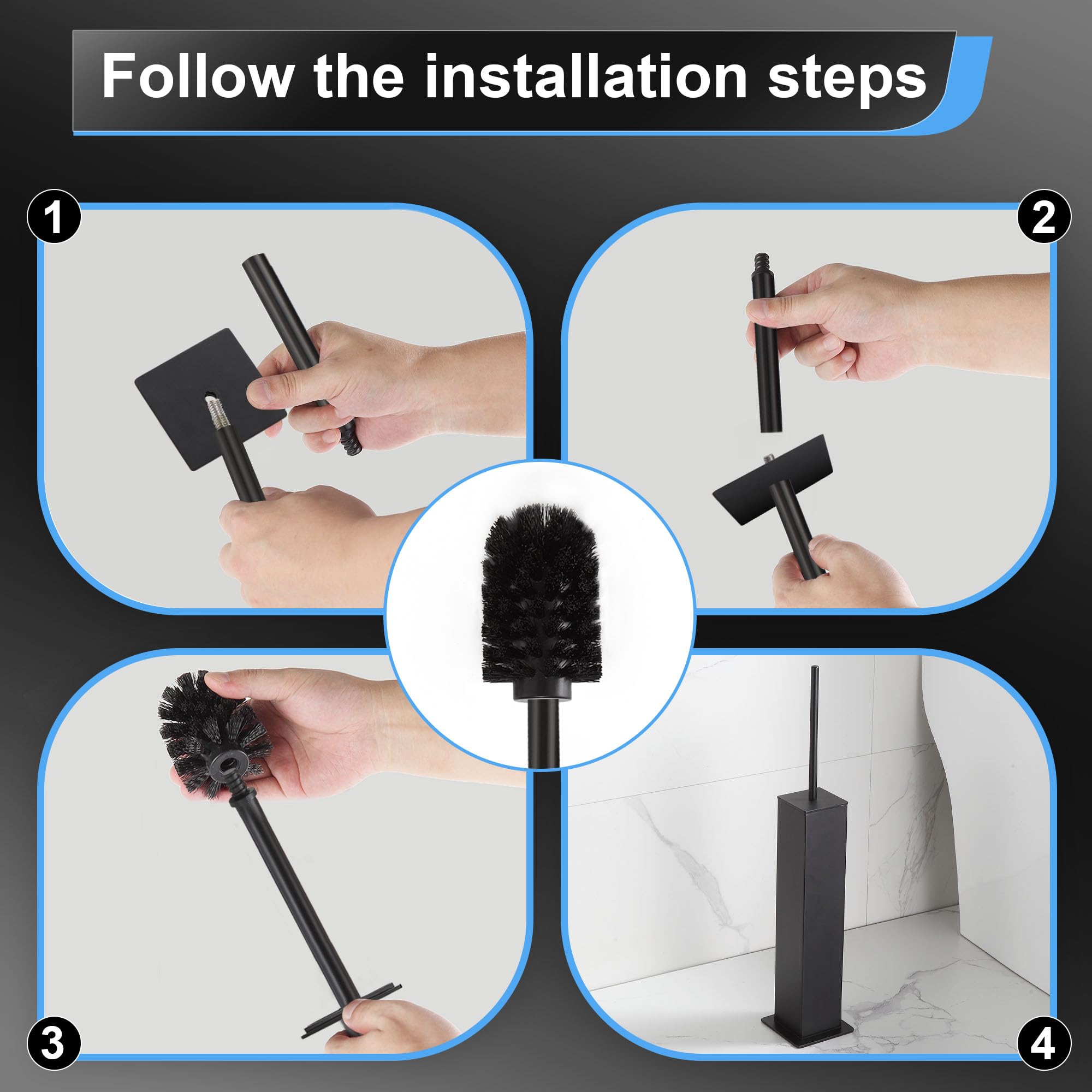 Toilet Brush and Holder Set Black Stainless Steel 304 Square Freestanding Toilet Brush for Bathroom