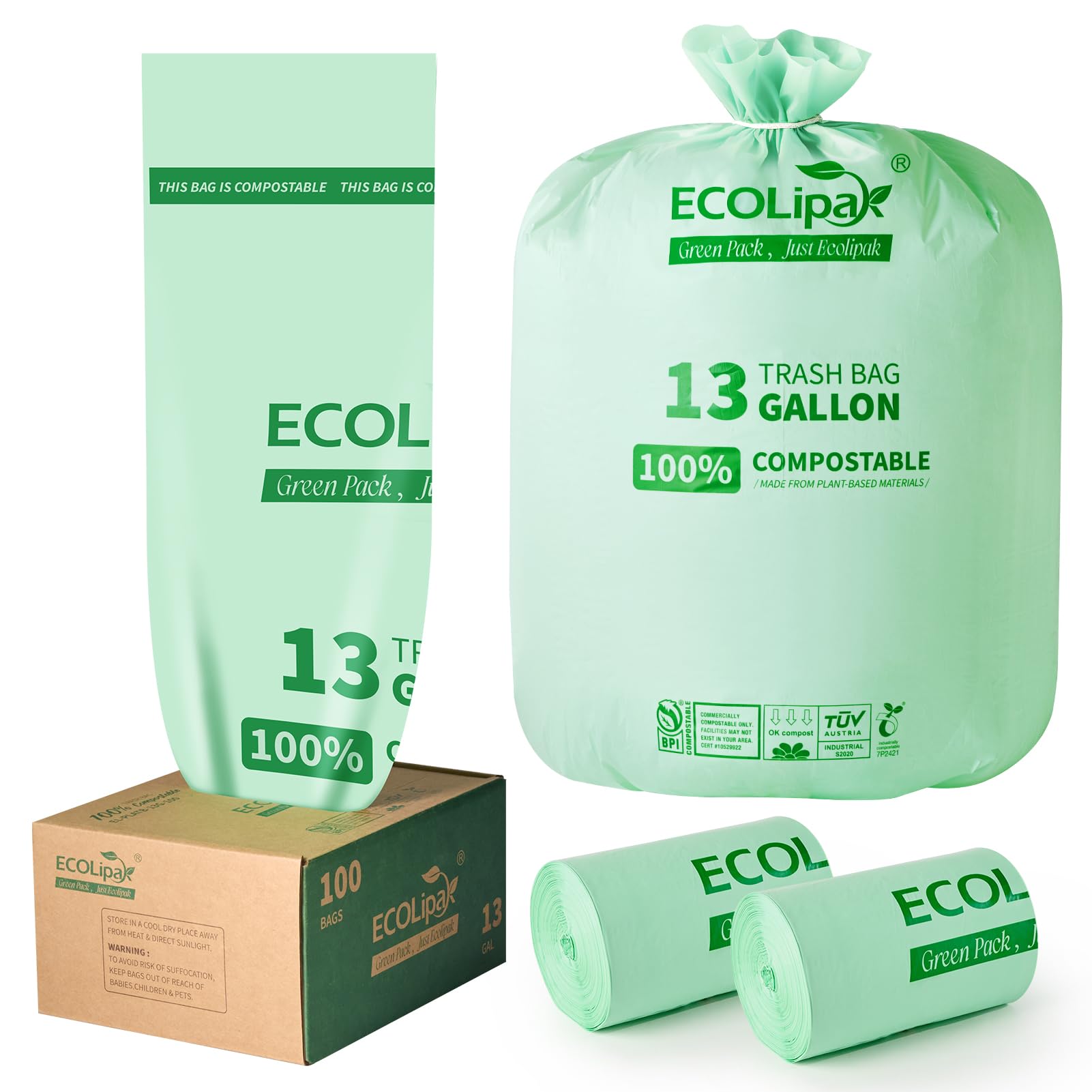 13 Gallon 100 Count Compostable Kitchen Trash Garbage Bags