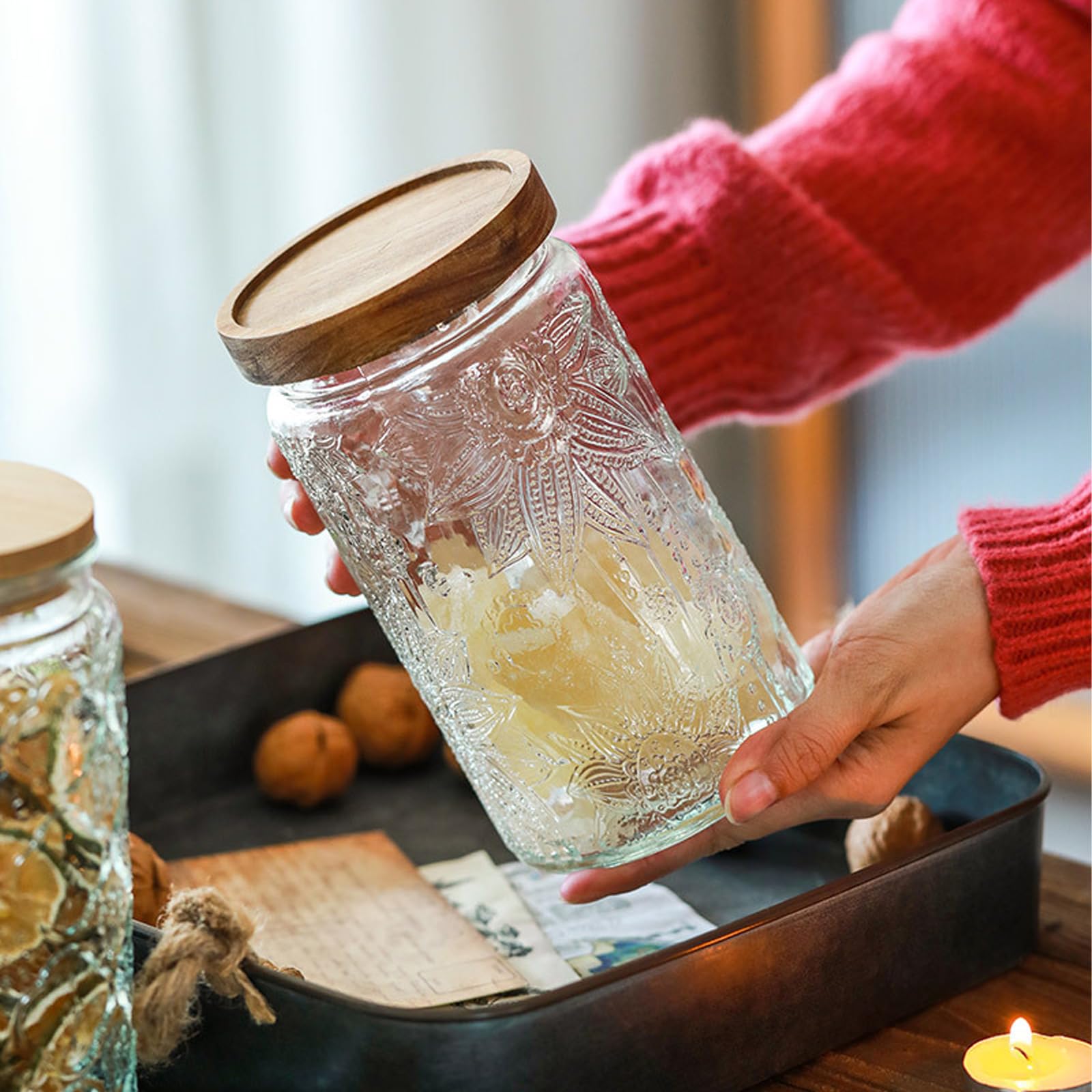 34 OZ 2 PCS Glass Storage Jar with Airtight Bamboo Wooden Lids