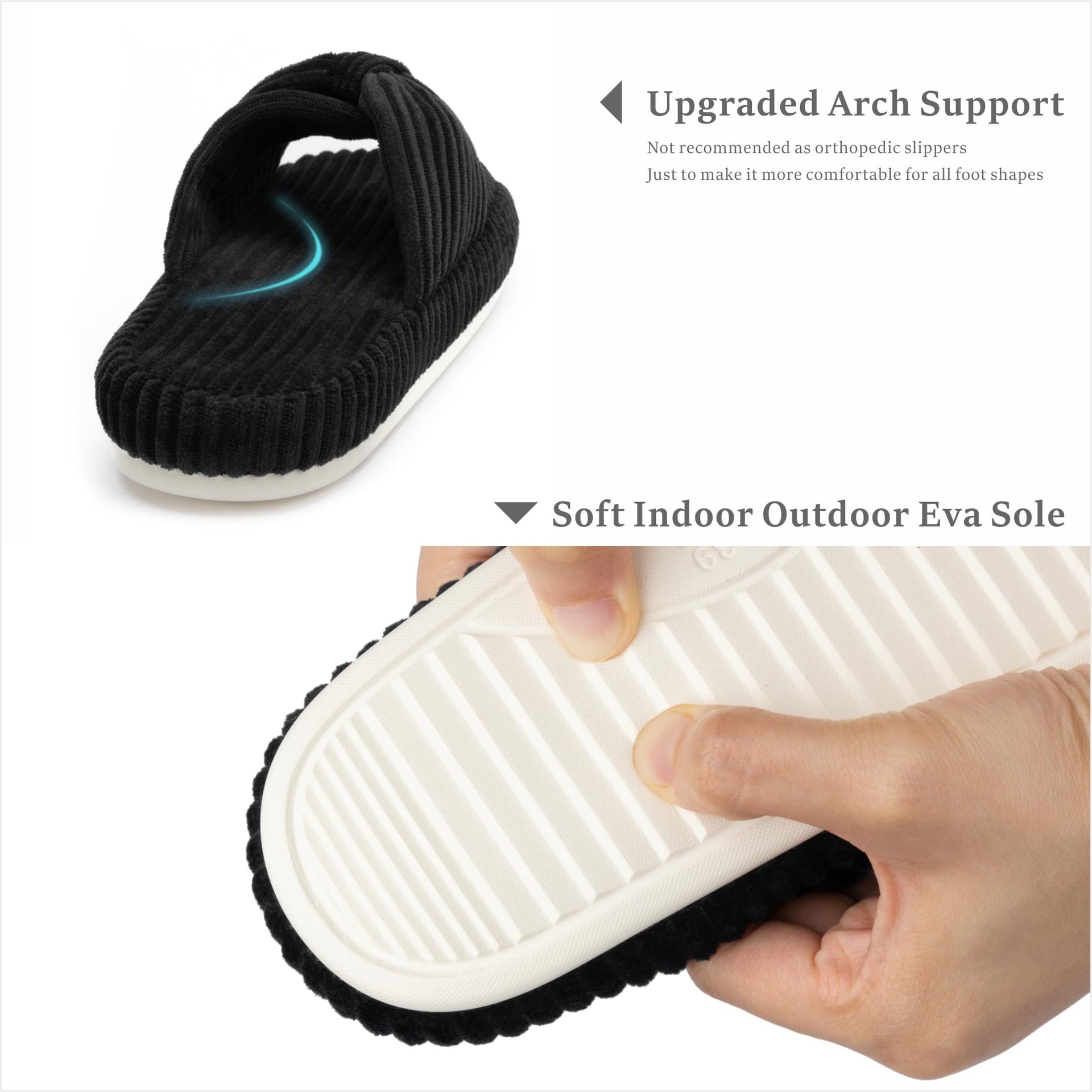 Slippers for Women Memory Foam House Bedroom Corduroy Bow Crossbands Slipper Shoes Comfy Trendy Gift Slippers Black Size 5 6 5.5
