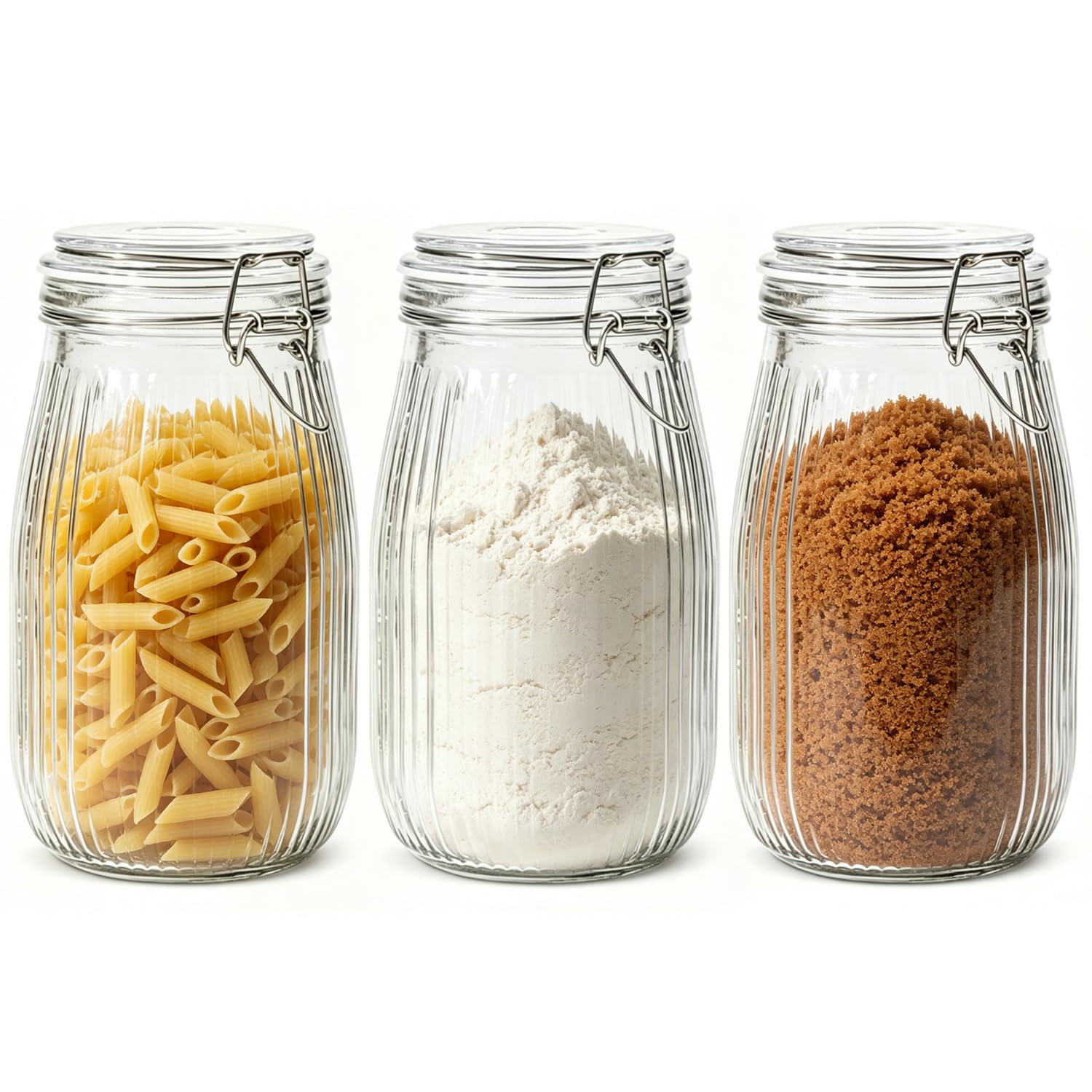 Large Ribbed Glass Jars with Airtight Lids 51 oz 3 Pack Wide Mouth (3 Count)