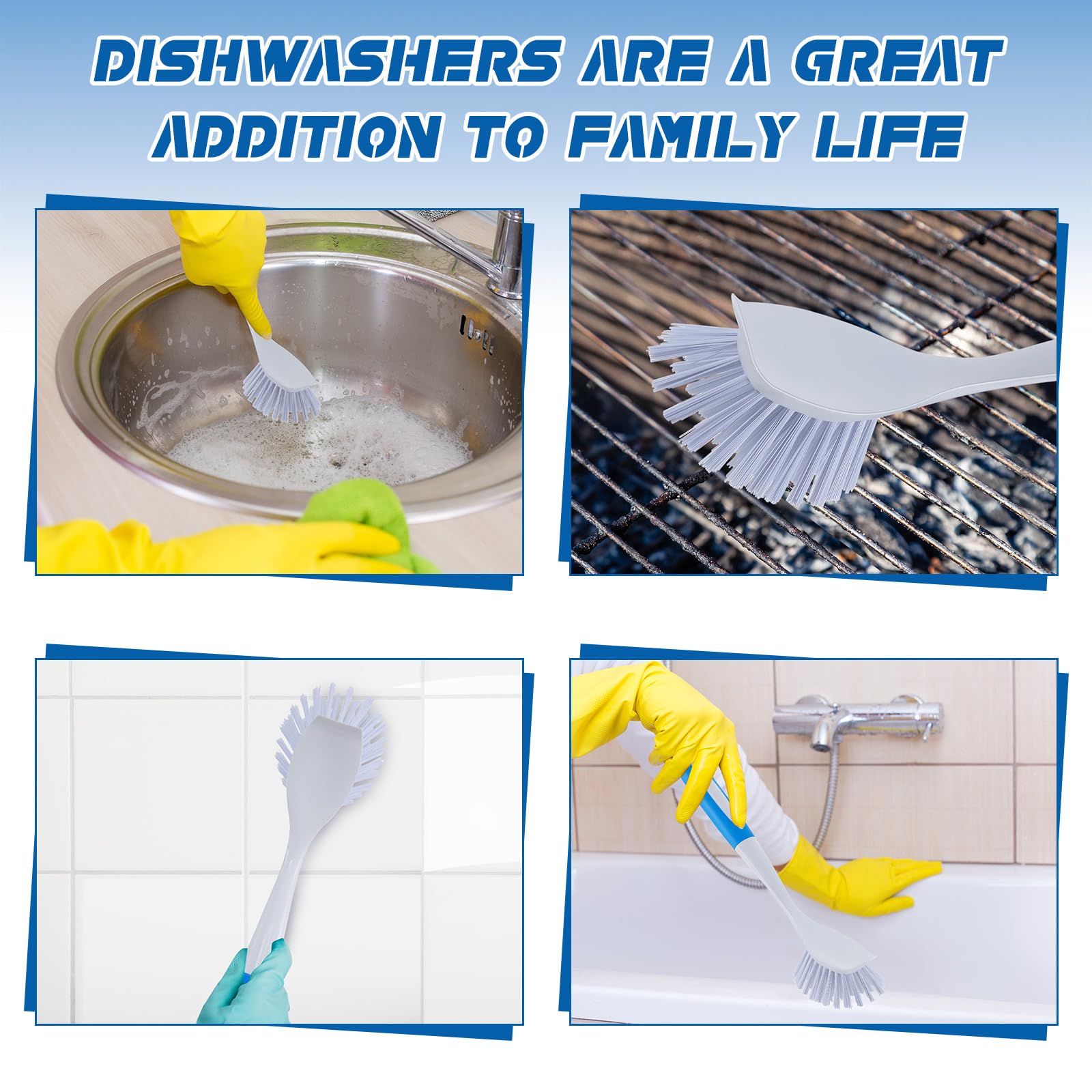 6 Pcs Blue Kitchen Scrub Dish Brush Bulk with 11 Inch Handle Cleaning Dish Scrubber with Stiff Bristles Washing Scrub Brushes for Housekeeping for Pots and Pans (6 Count)