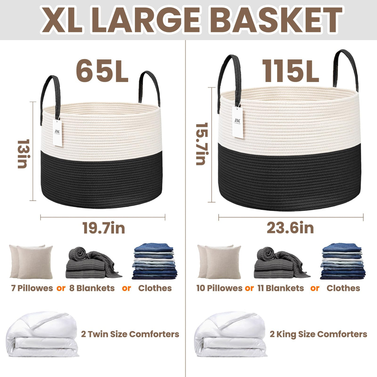 115L Extra Large Machine Washable Cotton Rope Blanket Basket