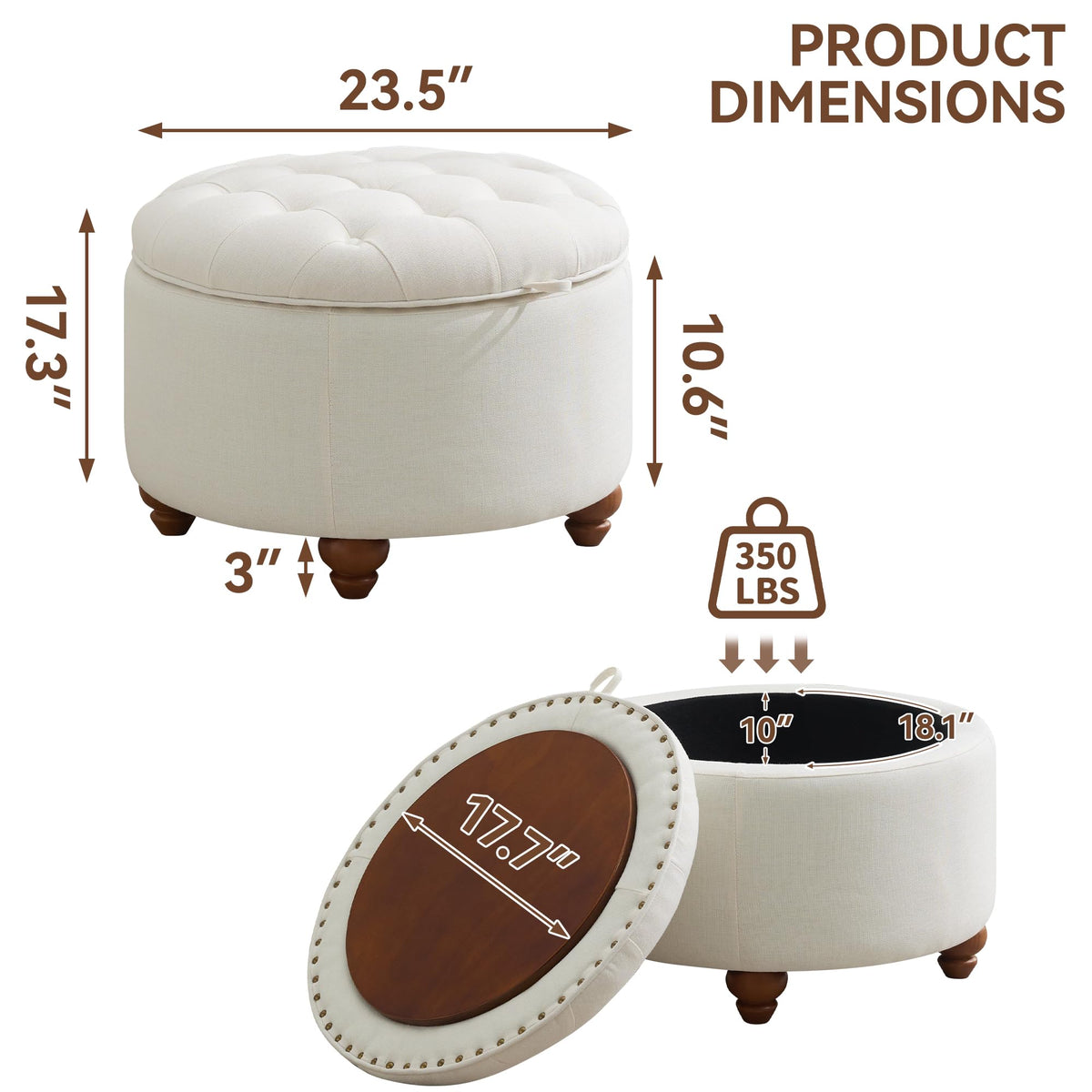 24Inch Round Storage Ottoman with Tray