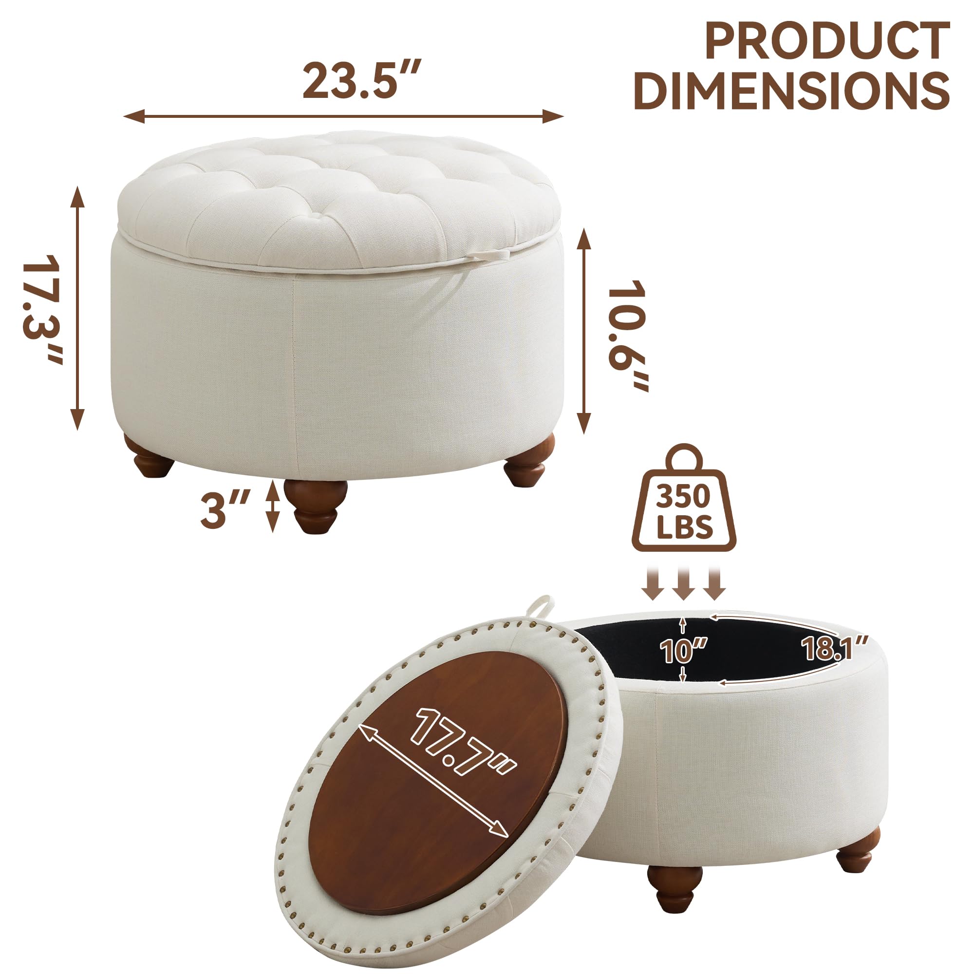 24Inch Round Storage Ottoman with Tray
