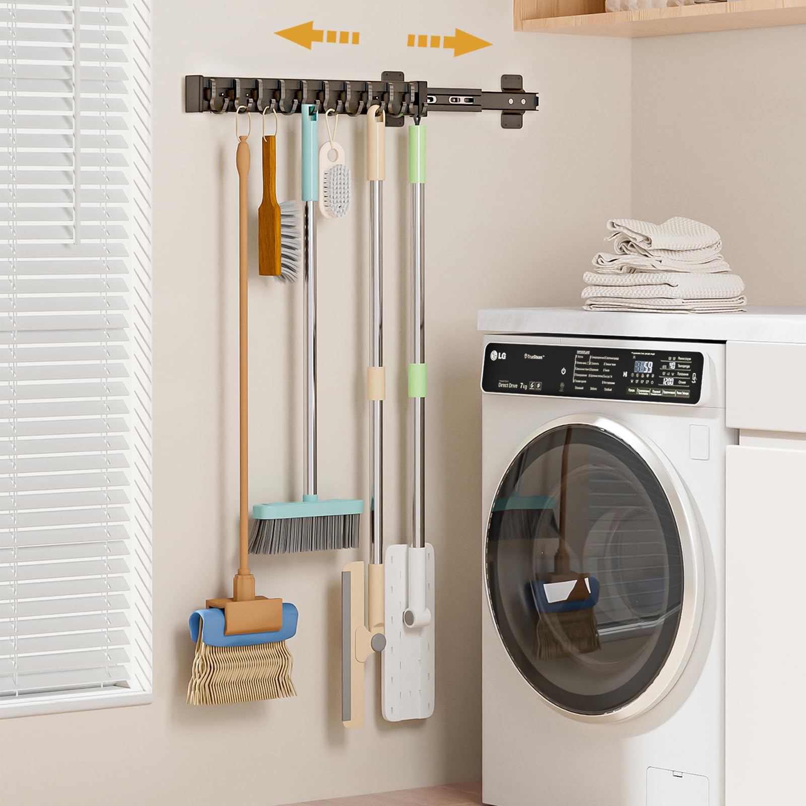 Pull Out Broom Holder With 10 Adjustable Row Sliding Hook