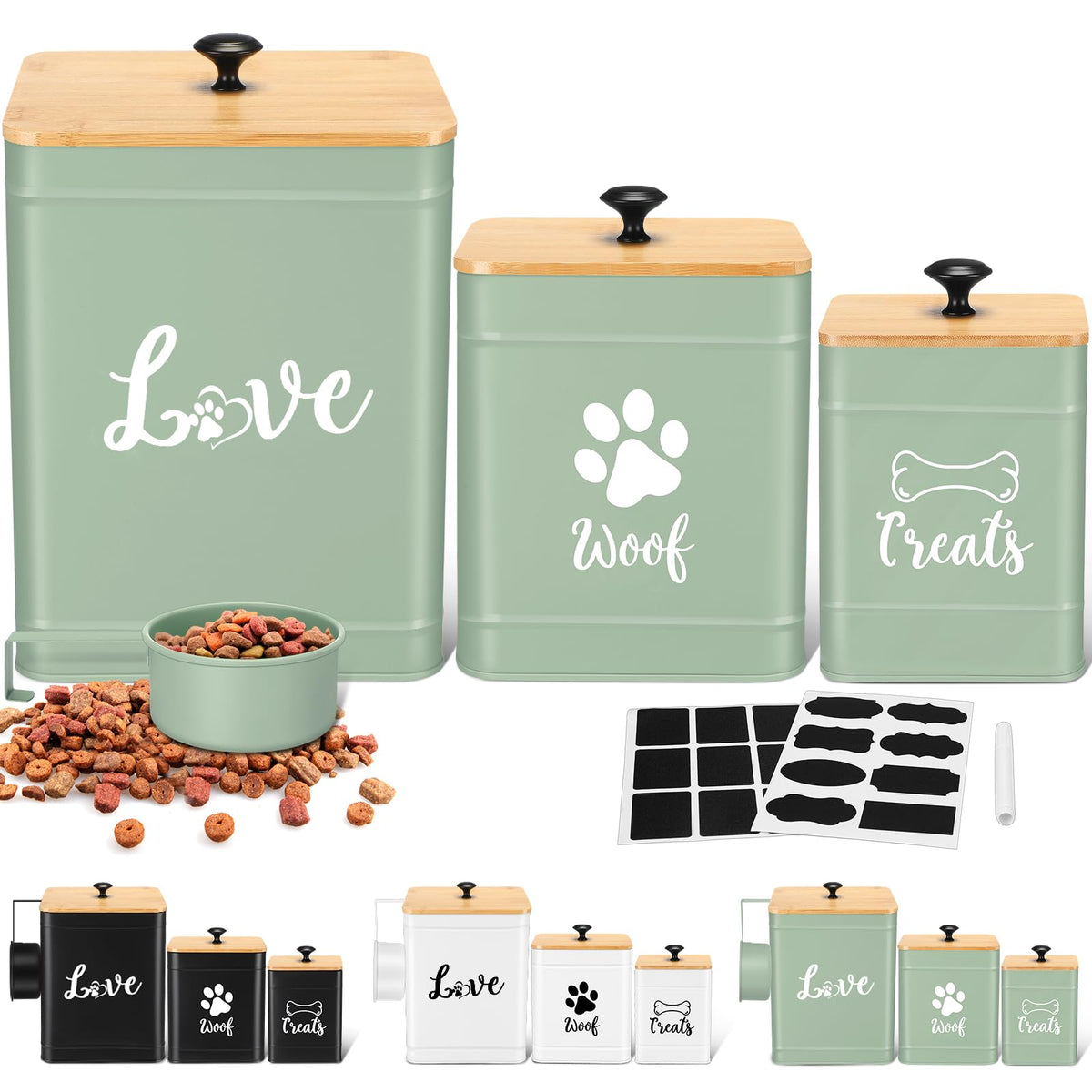 Metal Dog Treat Containers Set of 3 with Bamboo Lids and Spoon Airtight 7+3+2 lbs Dog Food Snack Jars with DIY Labels Big Pet Cookie Storage Jar for Kitchen Counter (3 Count)