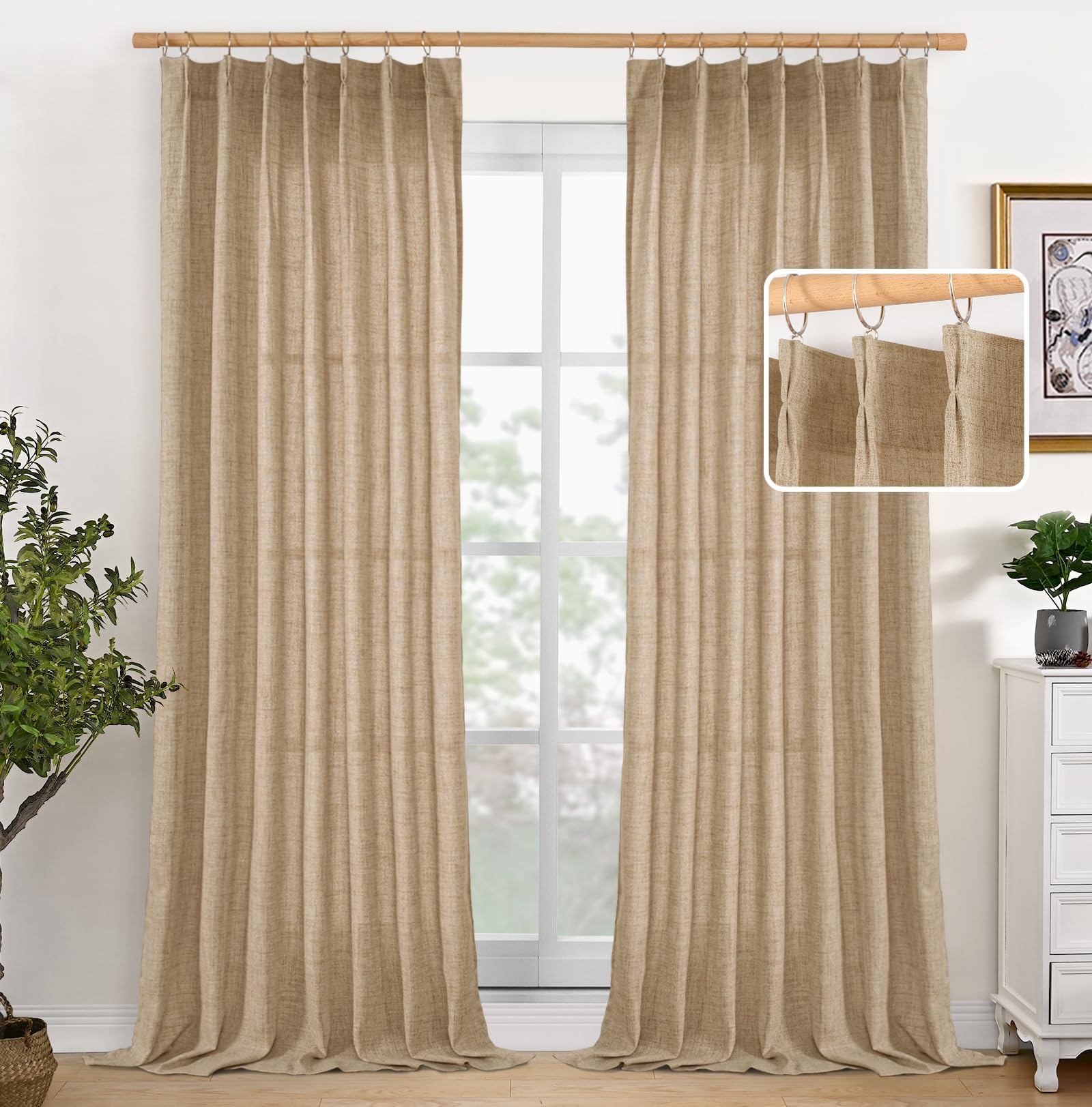 Toffee Linen Semi Sheer Curtains 95 Inch Length 2 Panels for Living Room (2 Count)
