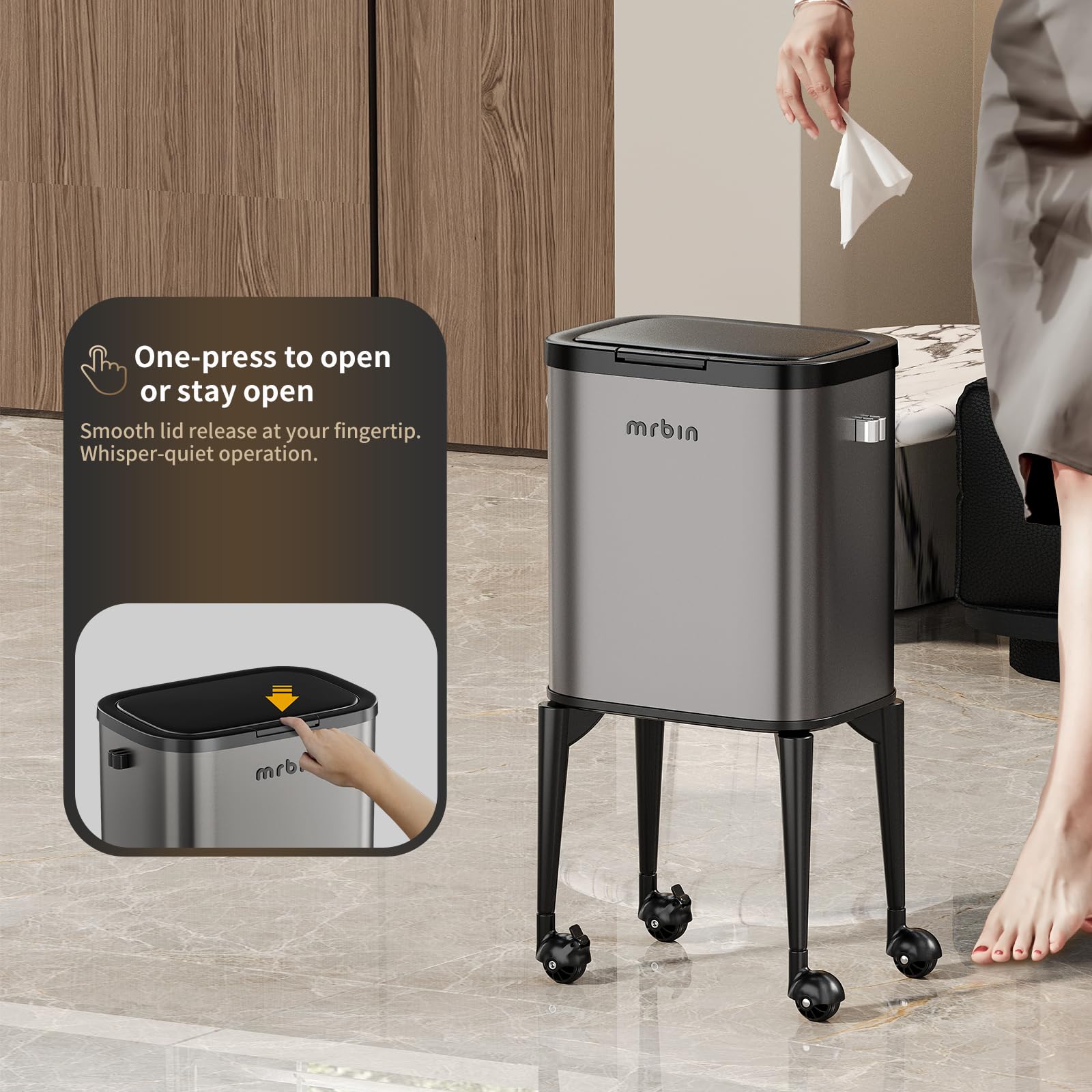 Metal Kitchen Trash Can with Wheel Legs