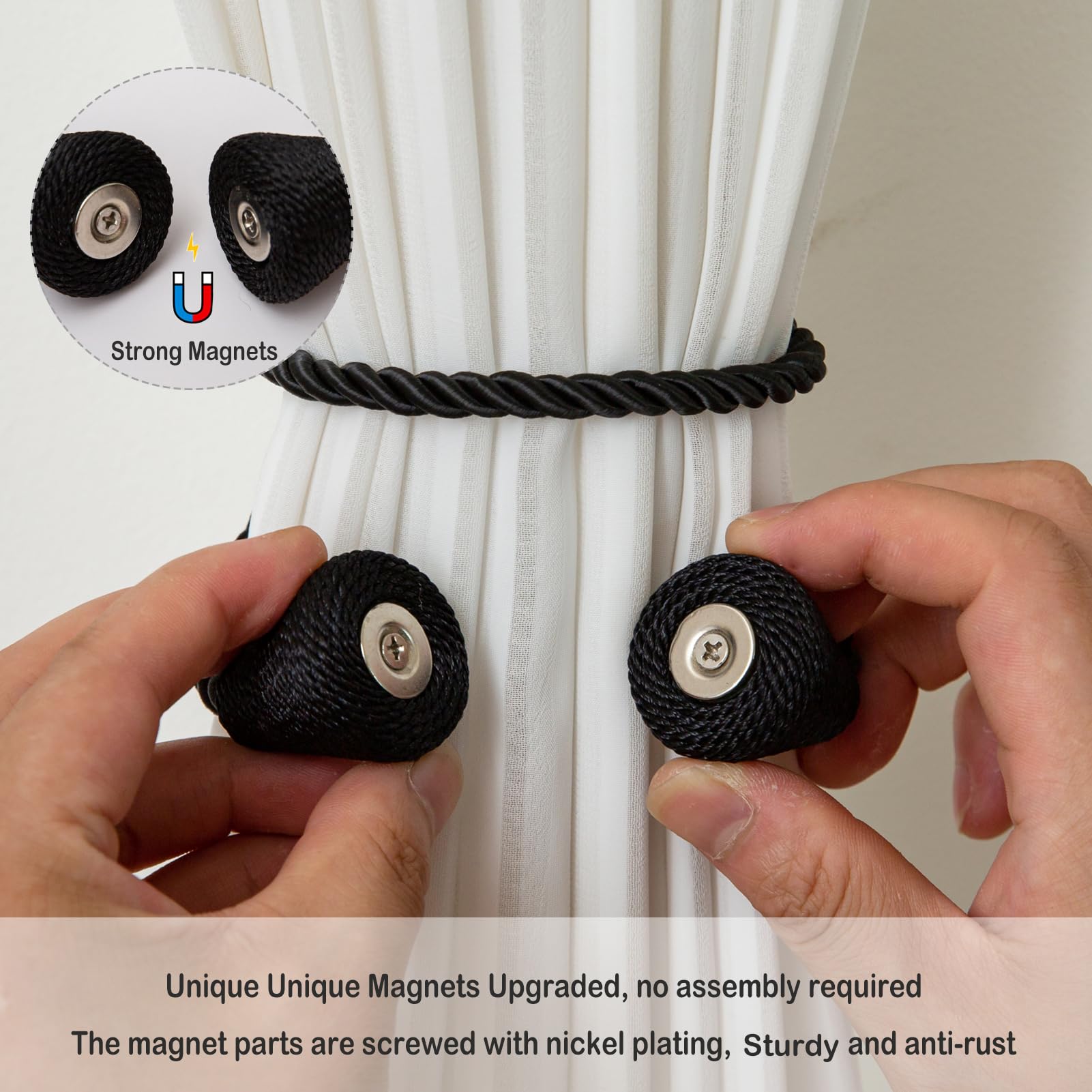 Magnetic Curtain Tiebacks 4 Pack Outdoor Rope Curtain Tie Backs Decorative Window Treatment Holdbacks for Home Decorative Curtain (4 Count)