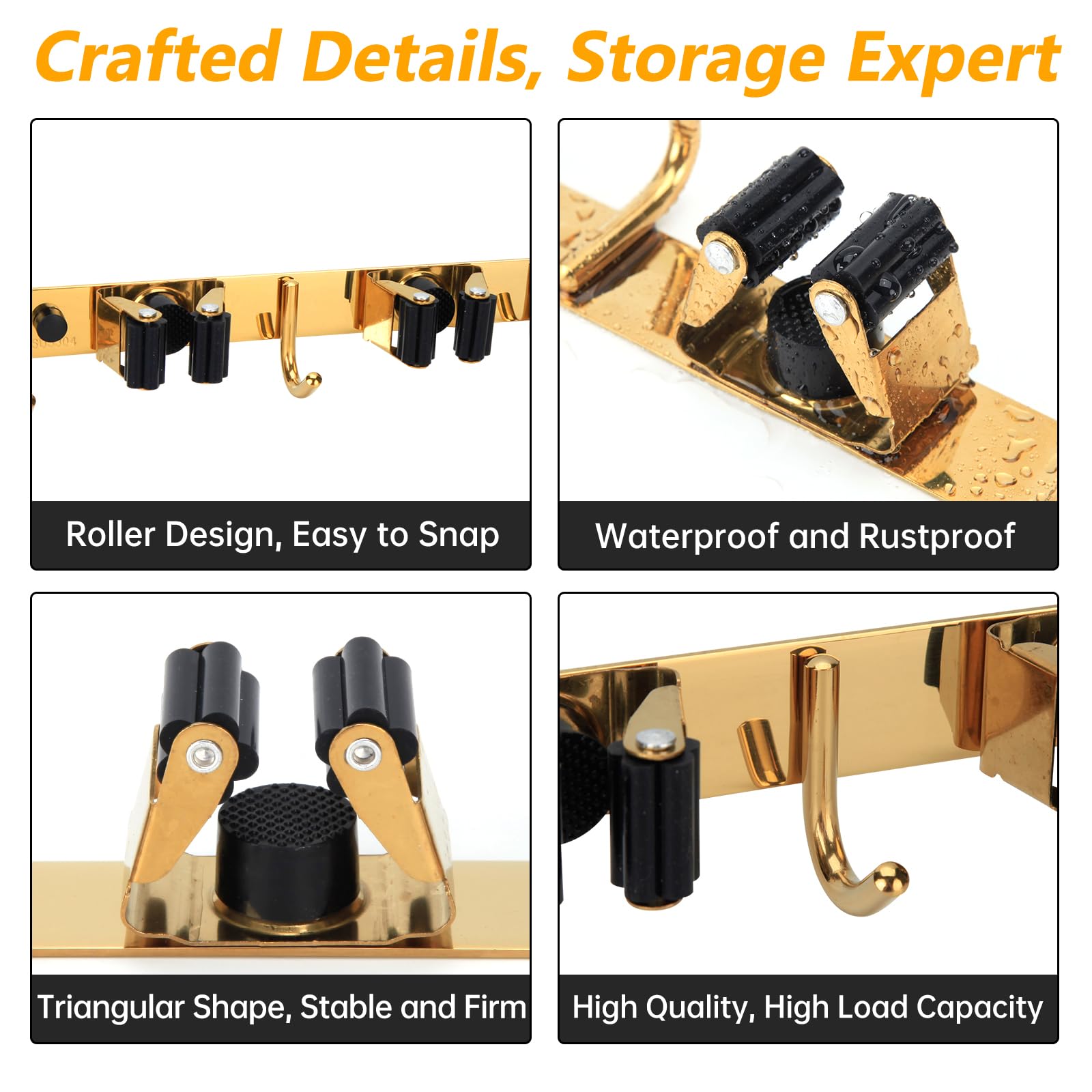 3 Racks and 4 Heavy Duty Hooks Mop and Broom Holder Wall Mount