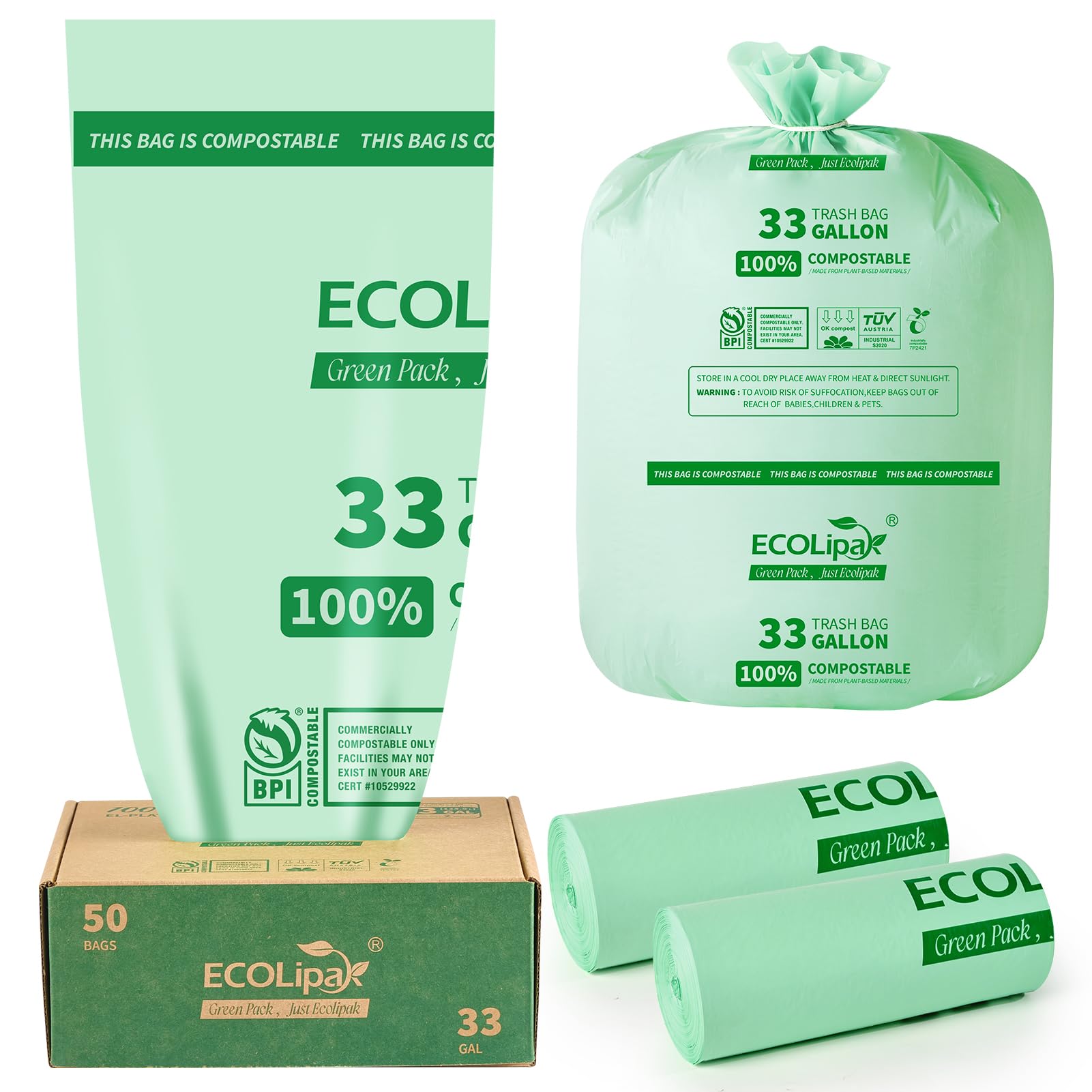 33 Gallon 50 Count Large Compostable Trash Garbage Bags for Lawn