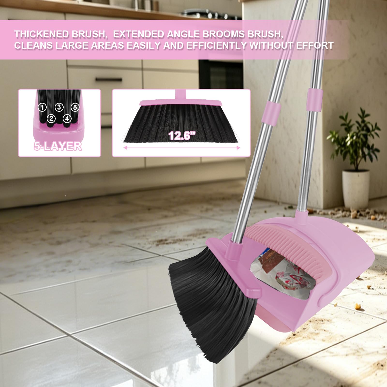 Pink Broom and Dustpan Combo Set