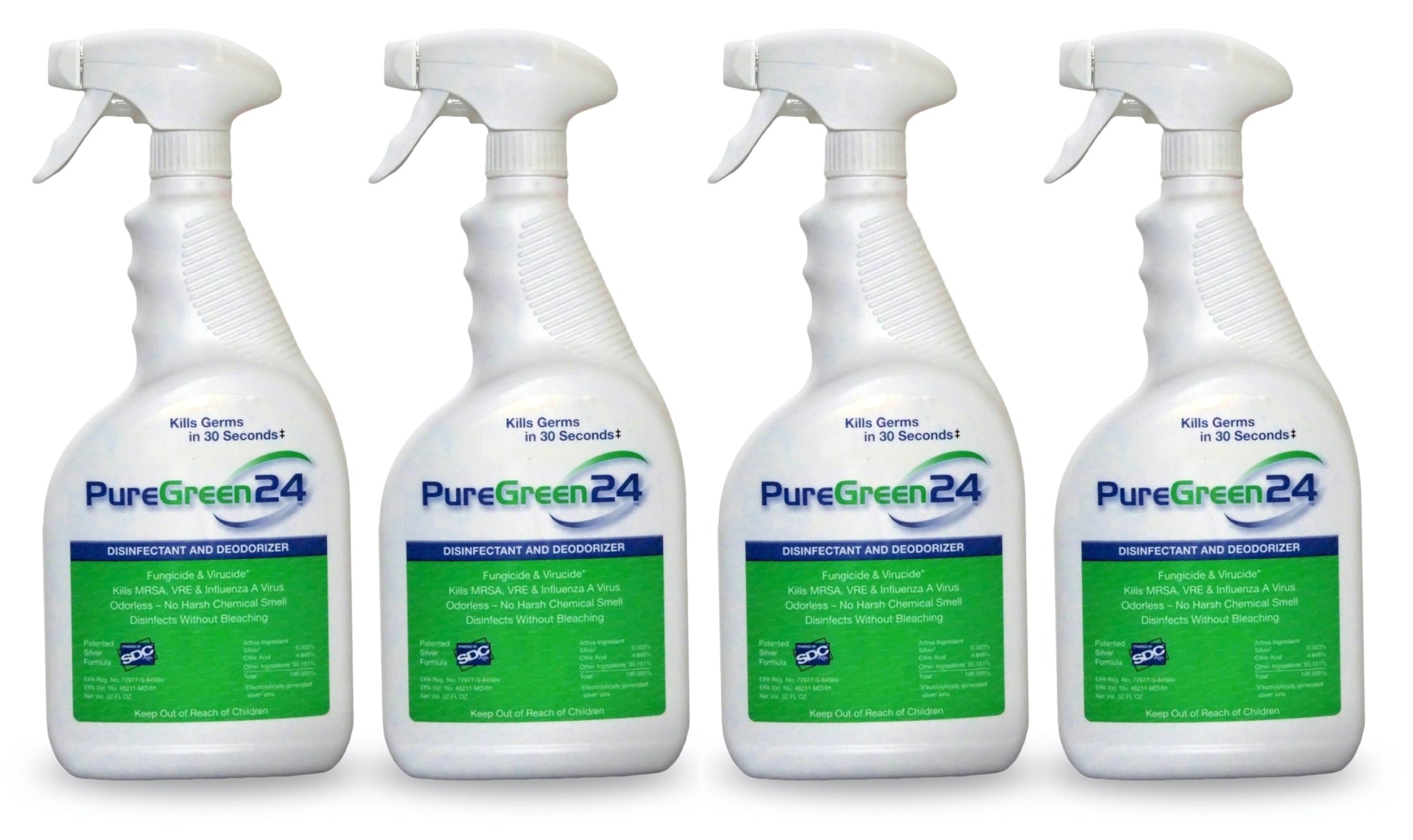 PureGreen24 Safe & Effective Disinfectant. Kills Deadly Germs including RSV Norovirus MRSA Staph infulenza A Bird flu Contains no toxic chemicals odorless child & pet safe 4 32oz spray bottles (128 Fl Oz)
