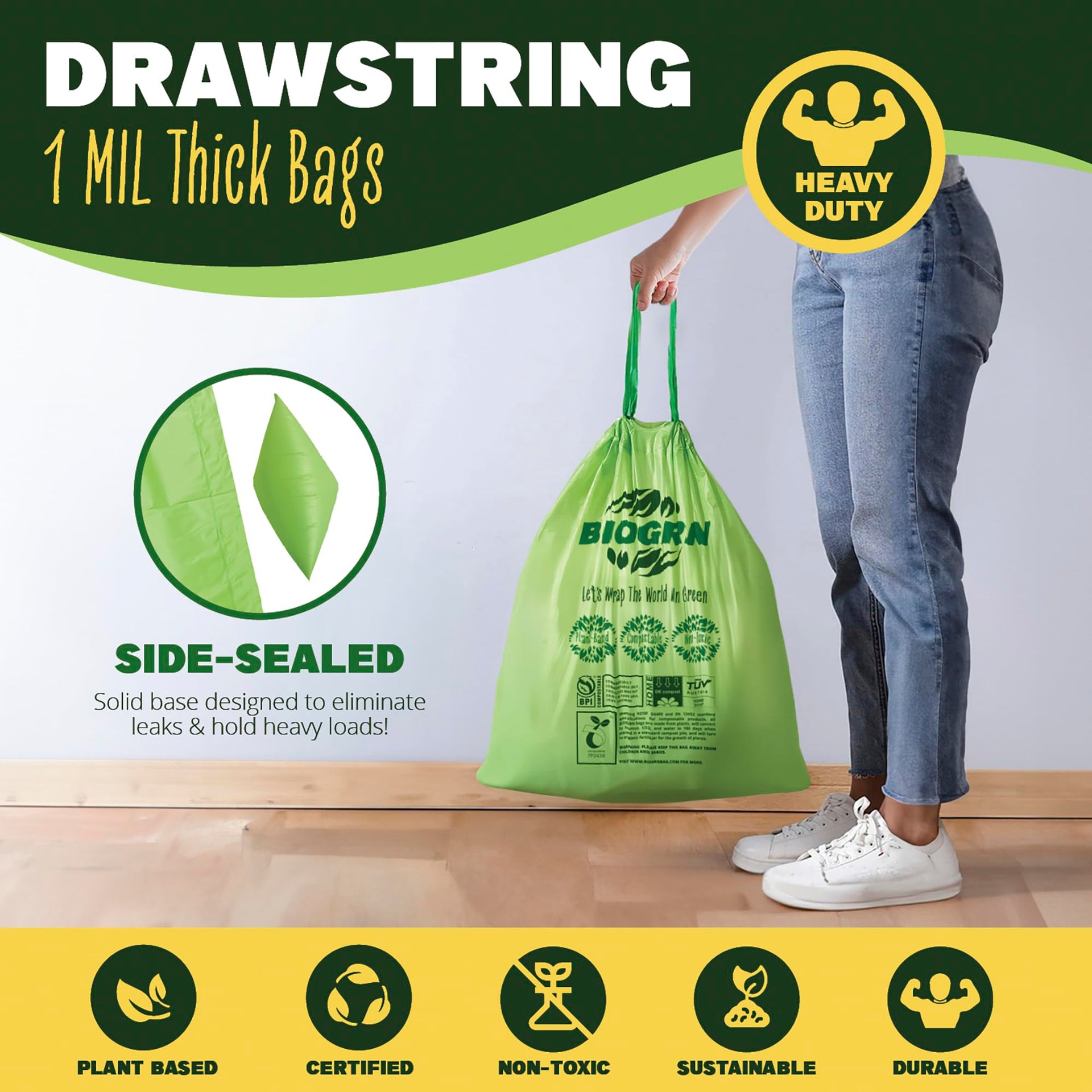 10 13 Gallon Compostable Trash Bags Drawstring 30 Bags Heavy Duty Extra Thick 1 Mil 49.21 Liter Biodegradable Trash Bags Compost Bags Green for Kitchen ASTM D6400 US BPI and OK Compost Home Certified (30 Count)