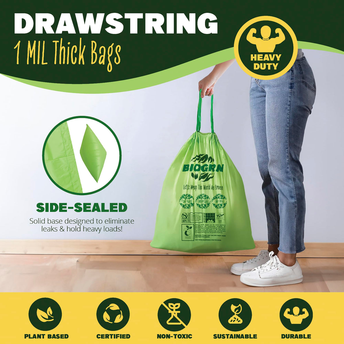 10 13 Gallon Compostable Trash Bags Drawstring 30 Bags Heavy Duty Extra Thick 1 Mil 49.21 Liter Biodegradable Trash Bags Compost Bags Green for Kitchen ASTM D6400 US BPI and OK Compost Home Certified (30 Count)