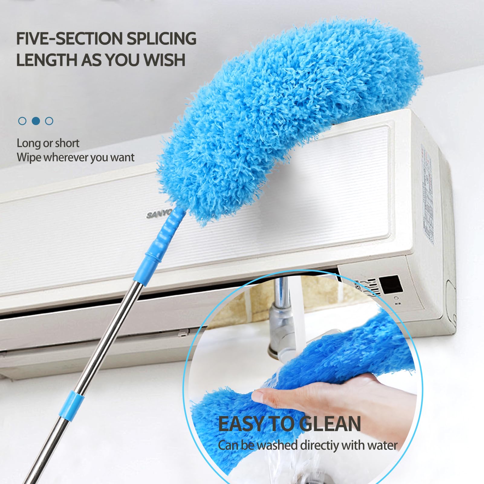 Ceiling Fan Cleaner Duster Reusable Microfiber Removable Duster with Extension Pole Adjusts 12 to 71 Inch for Cleaning Walls Bookshelves Furniture Door Window Top (2 Count)