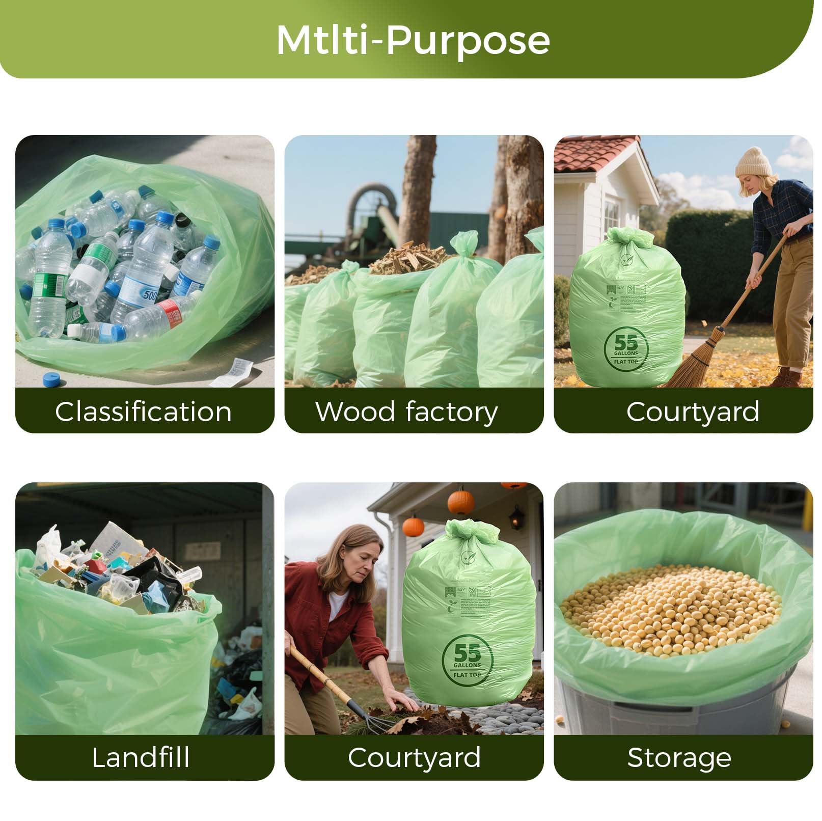 50 55 Gallon Compostable Trash Bags with Flat (12 Count)