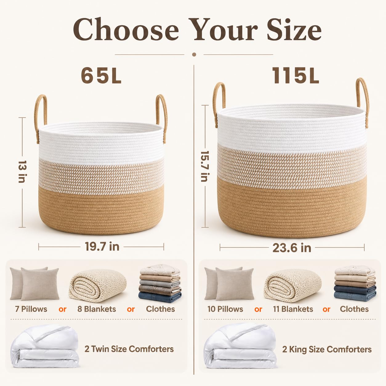 115L Extra Large Machine Washable Cotton Rope Blanket Basket