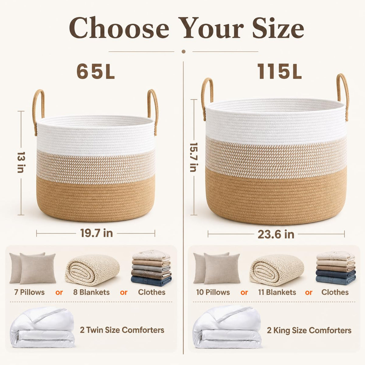 65L Extra Large Machine Washable Cotton Rope Blanket Basket