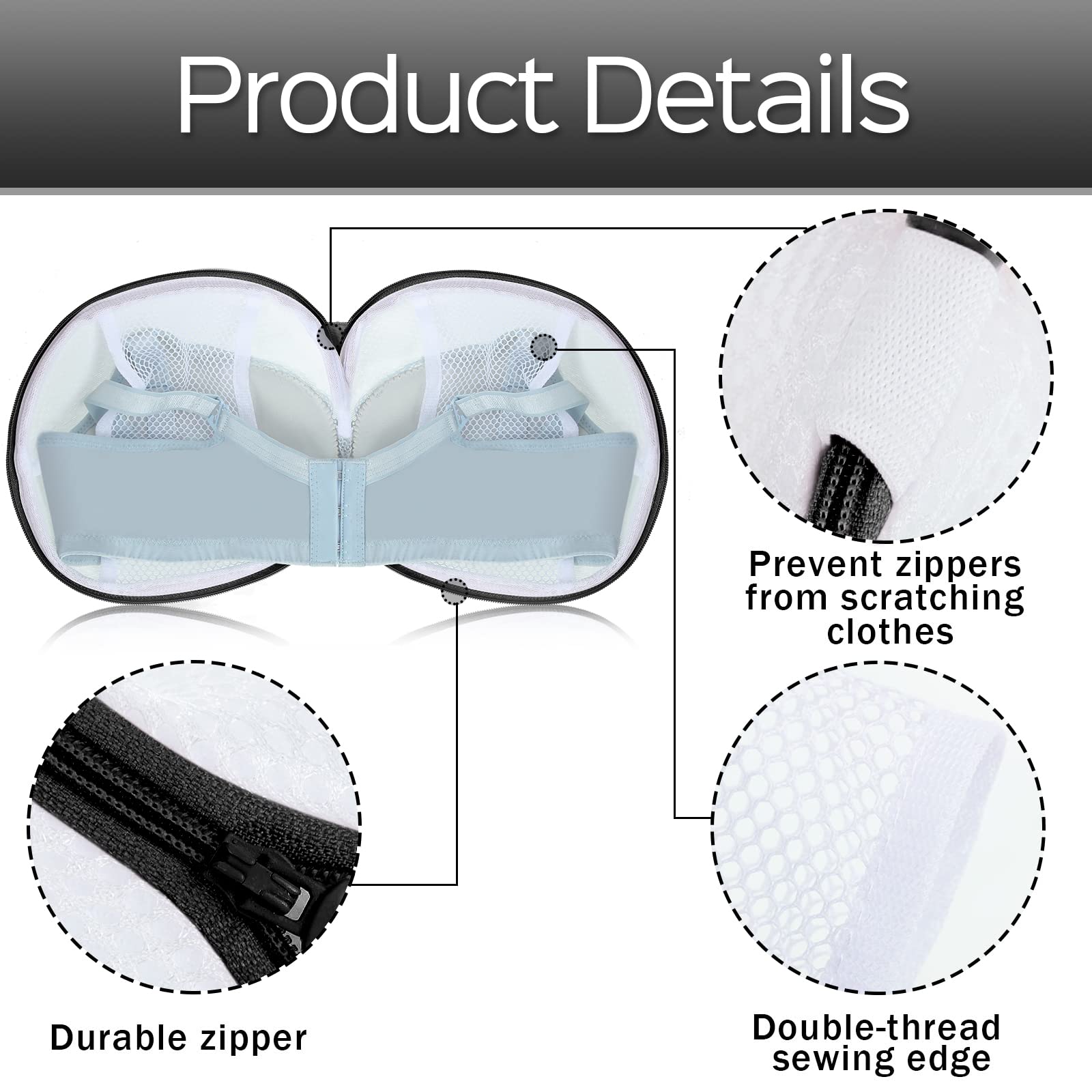 6 Pcs Bra Washing Bag for Laundry Storage Women 7.87 Inch Black