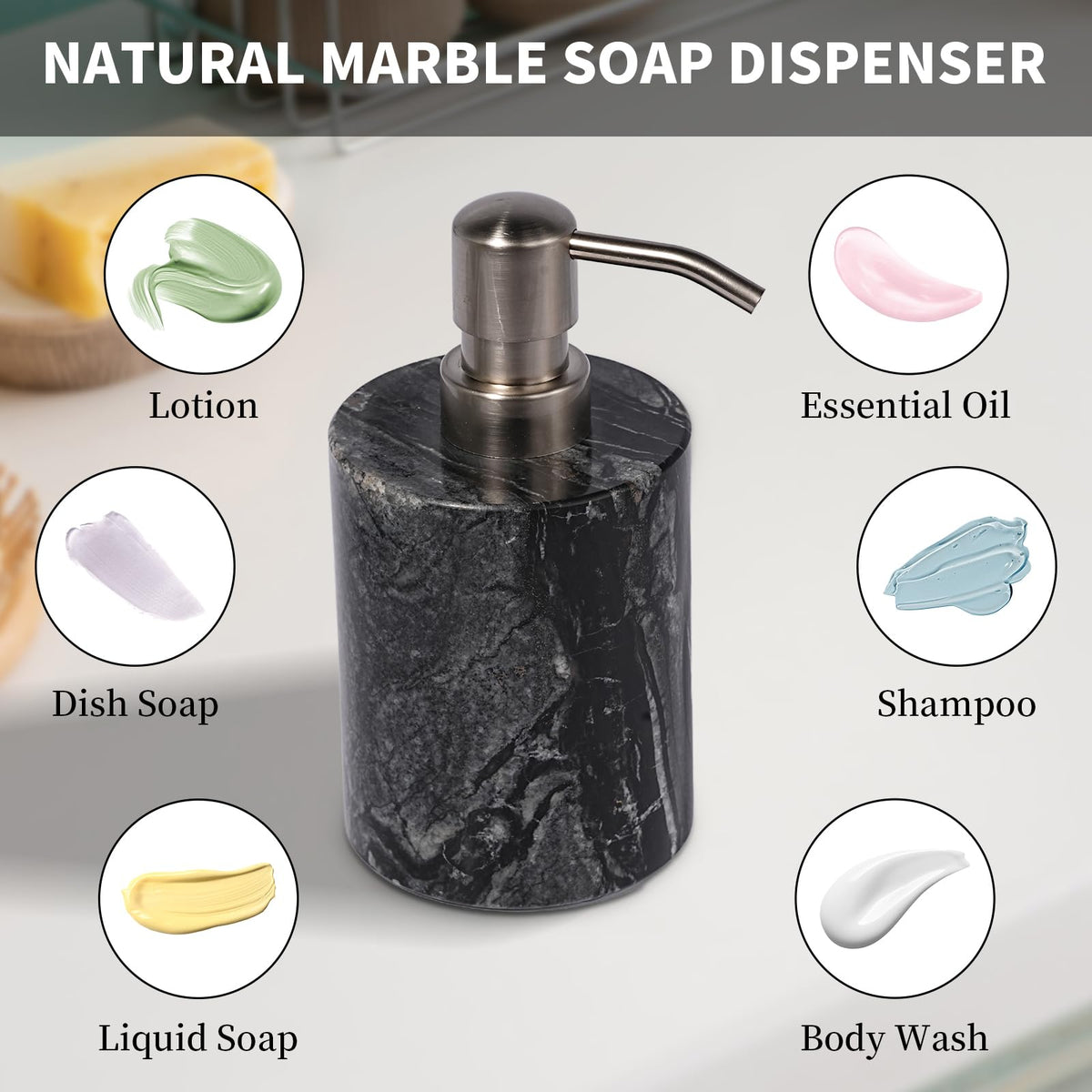 Marble Soap Dispenser with Stainless Steel Pump (6 Ounce)