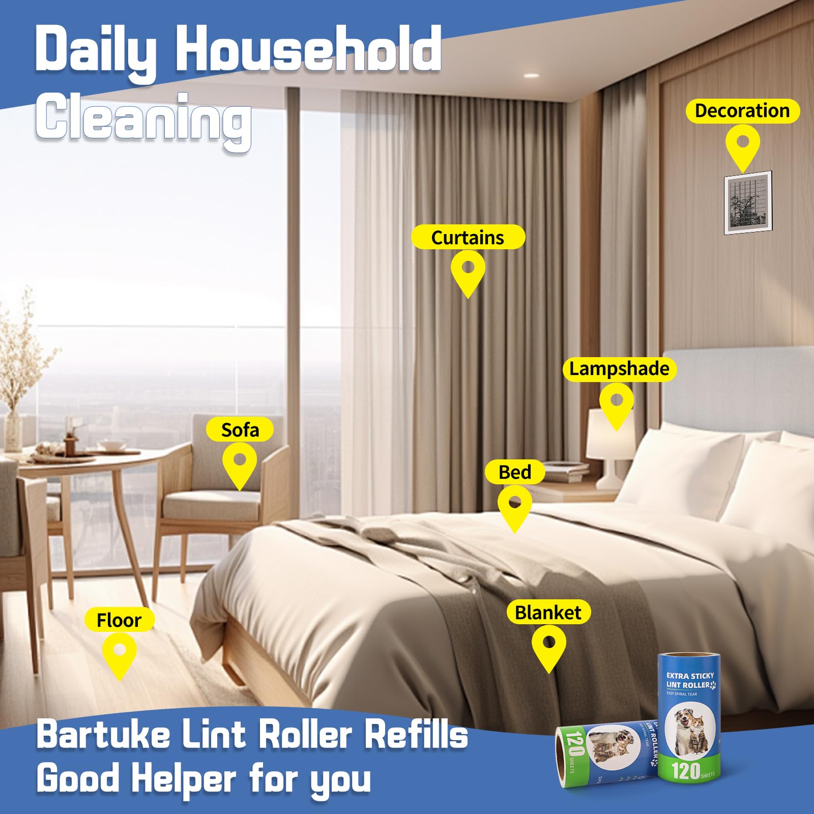 Lint Roller Refills with Handle 6 Pack