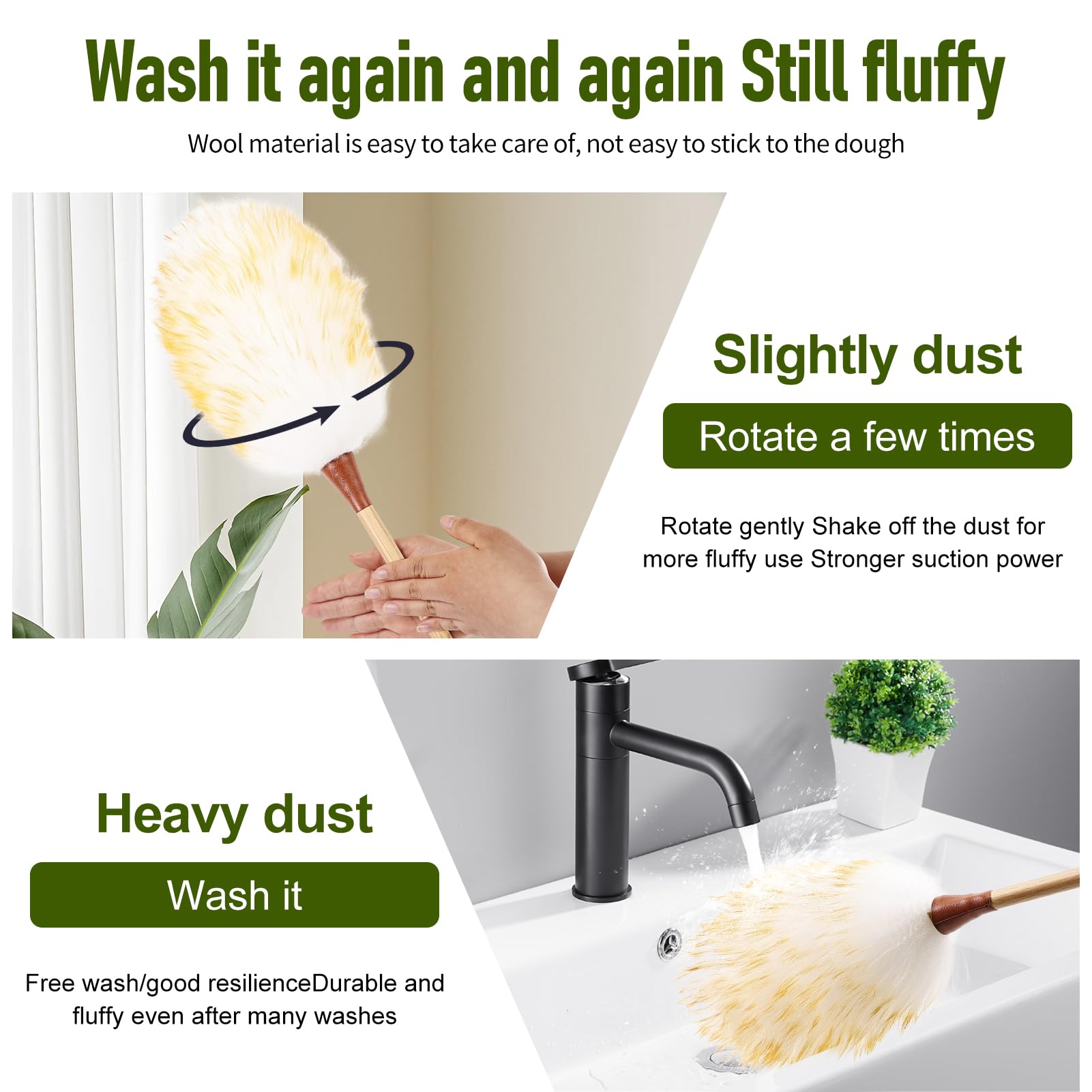 Natural Lambswool Duster 16 Inch Handheld with Wooden Handle Duster Dusting Tool for Blinds Electronics Furniture Delicate Surfaces