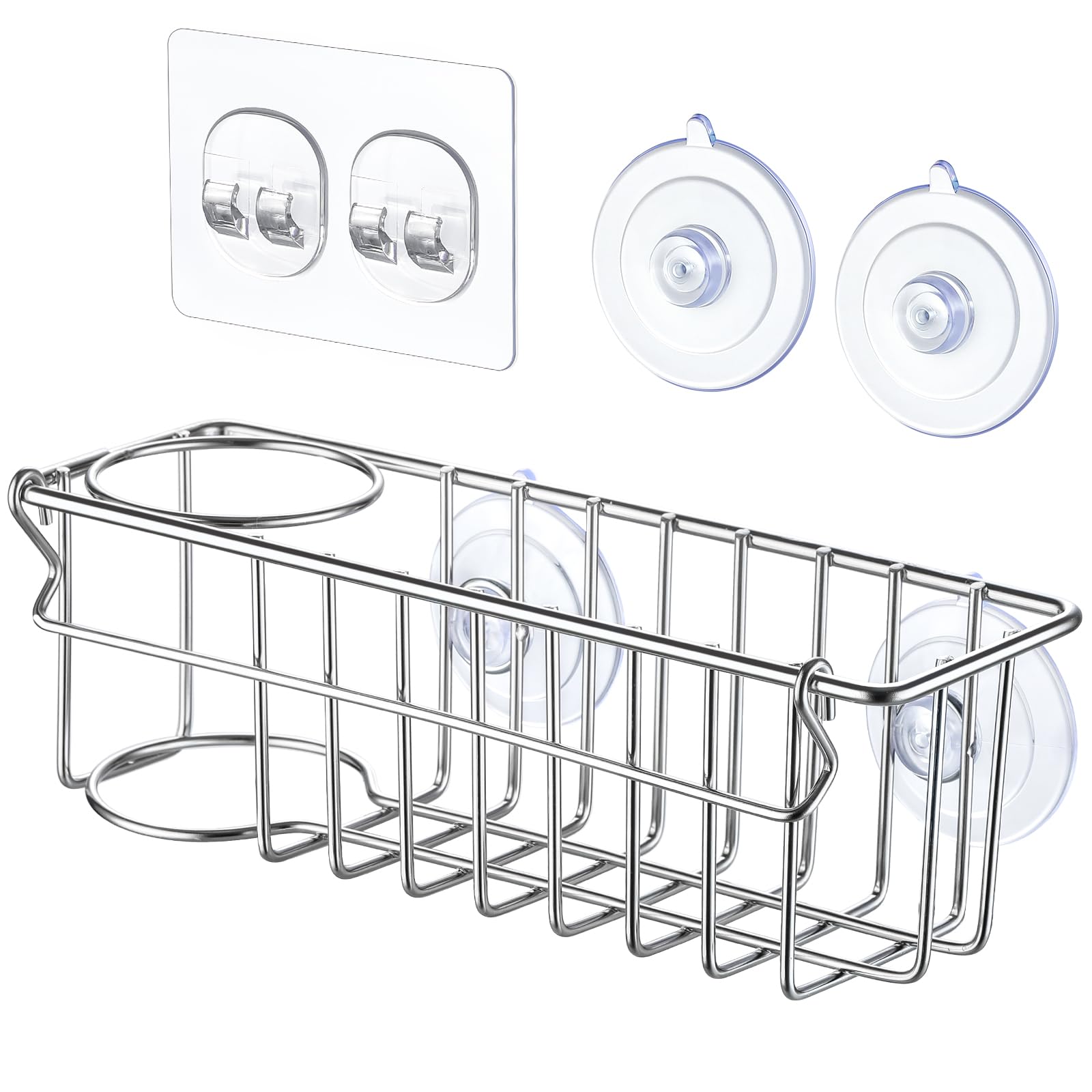 3-In-1 Sponge Holder for Kitchen Sink with Suction Cups & Adhesive Hook , In-sink Sponge Holder, Wall Hanging Sink Caddy Organizer Rack - Sponge, Dish Cloth, Brush, Scrubber - 304 Stainless Steel