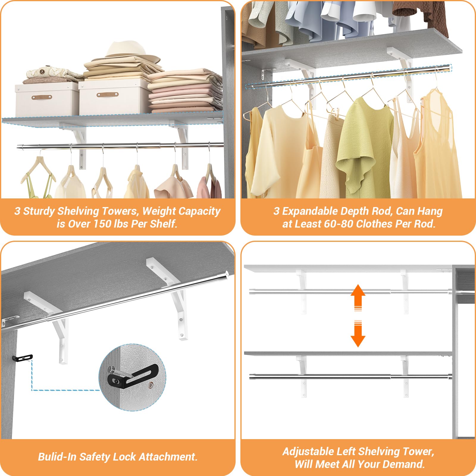 8FT Closet System with 3 Wooden Storage Shelves