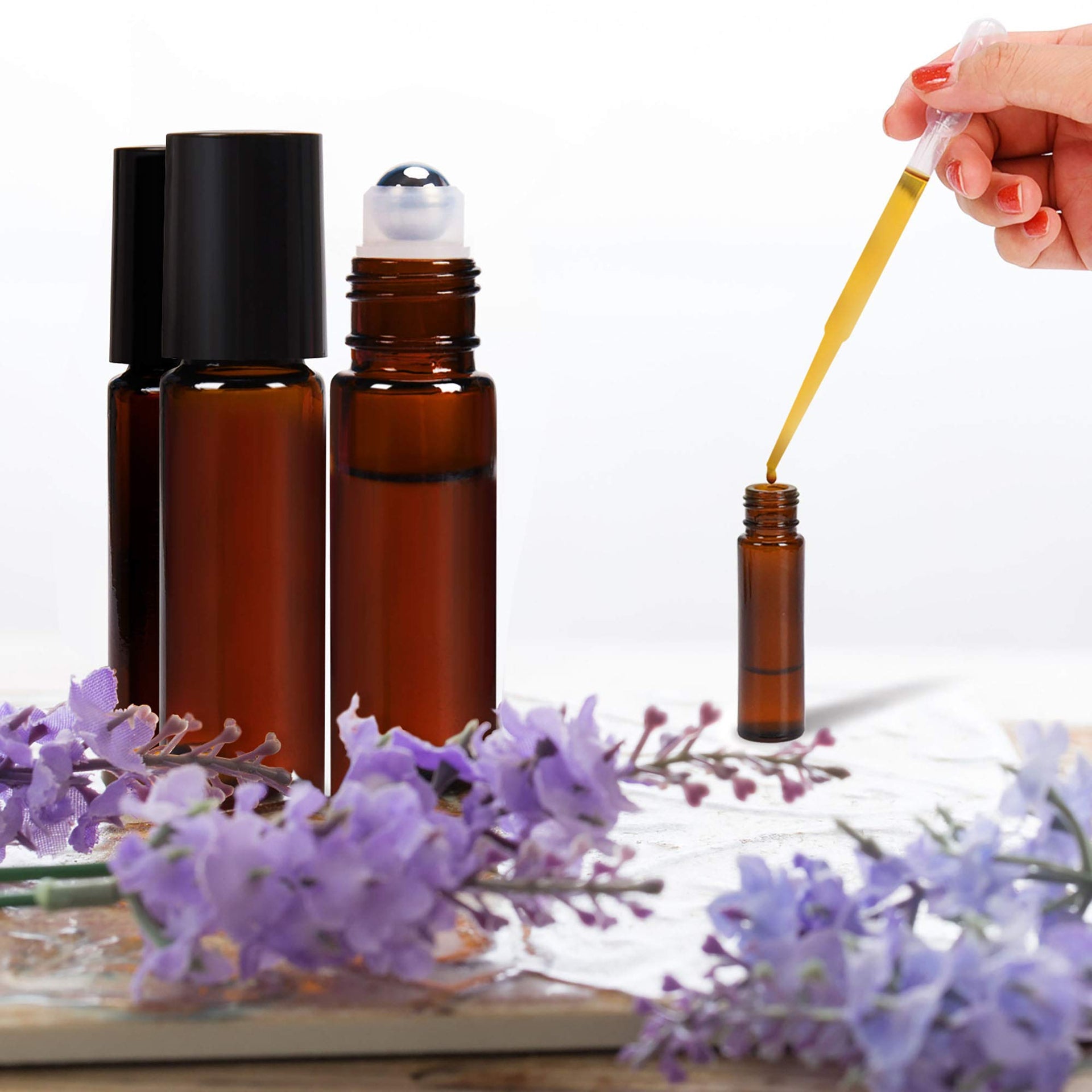 Roll on Bottles 10ml Amber Glass Empty Bottles 8 Piece with Stainless Steel Roller Ball 2 Extra Balls 8 Piece Waterproof Labels 1 Opener and 3ml Dropper for Essential Oils (8 Count)