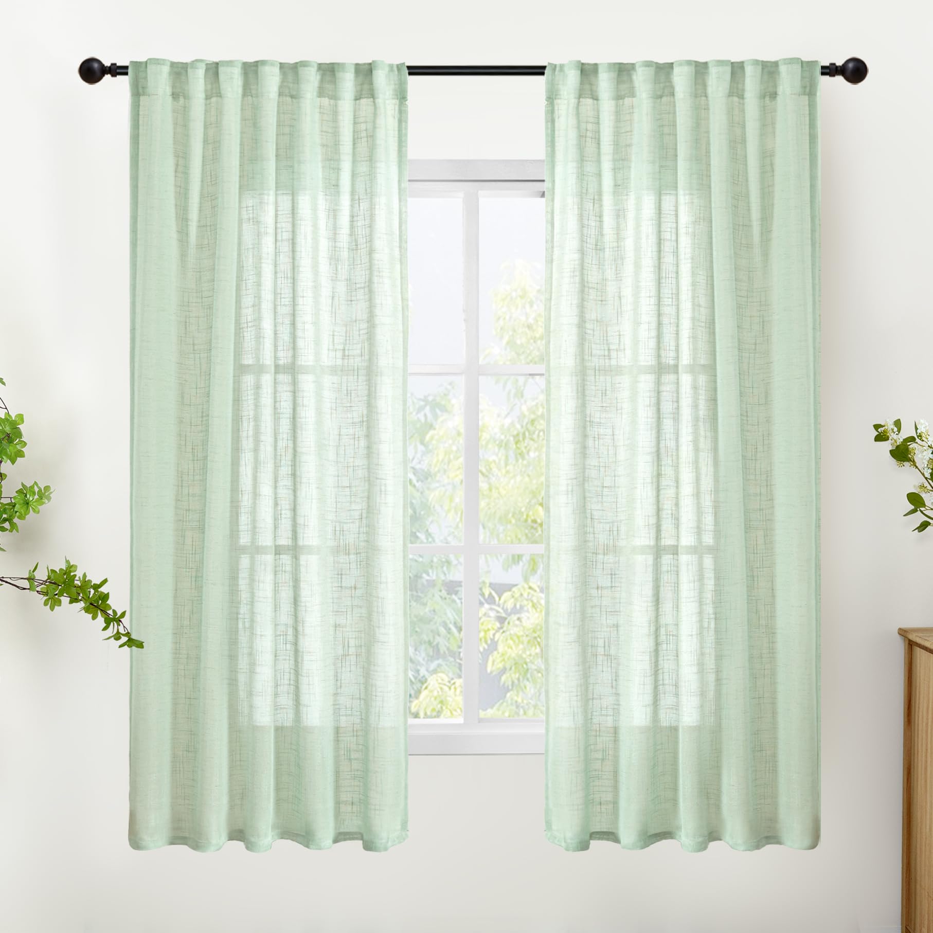 Light Green Linen Curtains 63 Inch Length (2 Count)