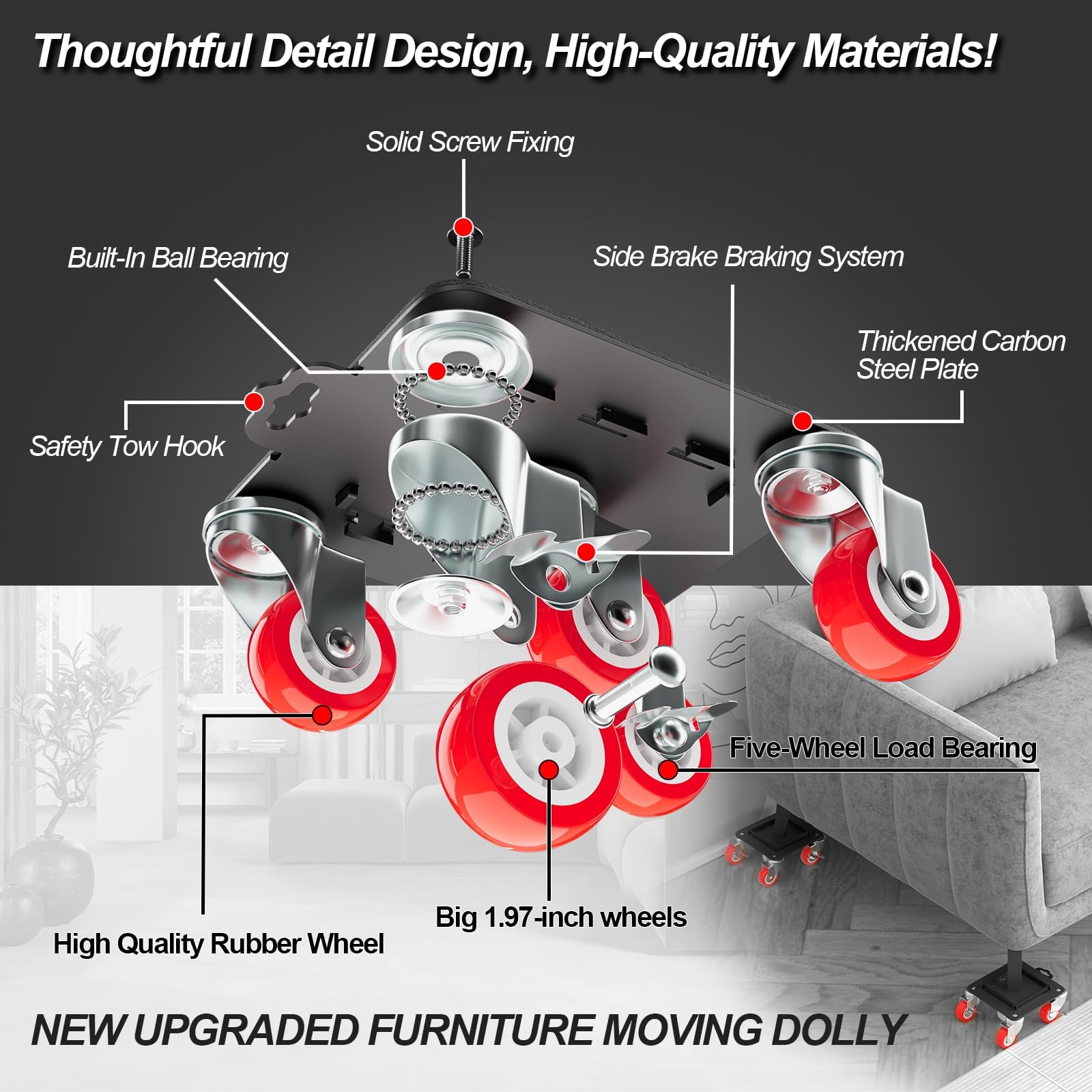 Furniture Dolly 5 Wheels Heavy Duty with Removable Side Guards