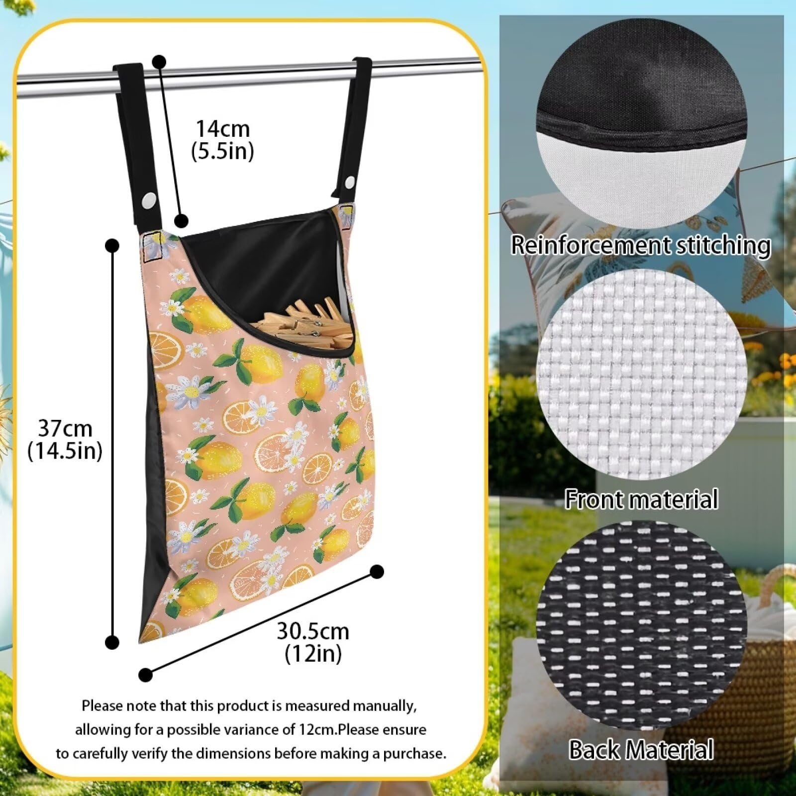 Lemon Print Clothespin Holder with Hanger Hook