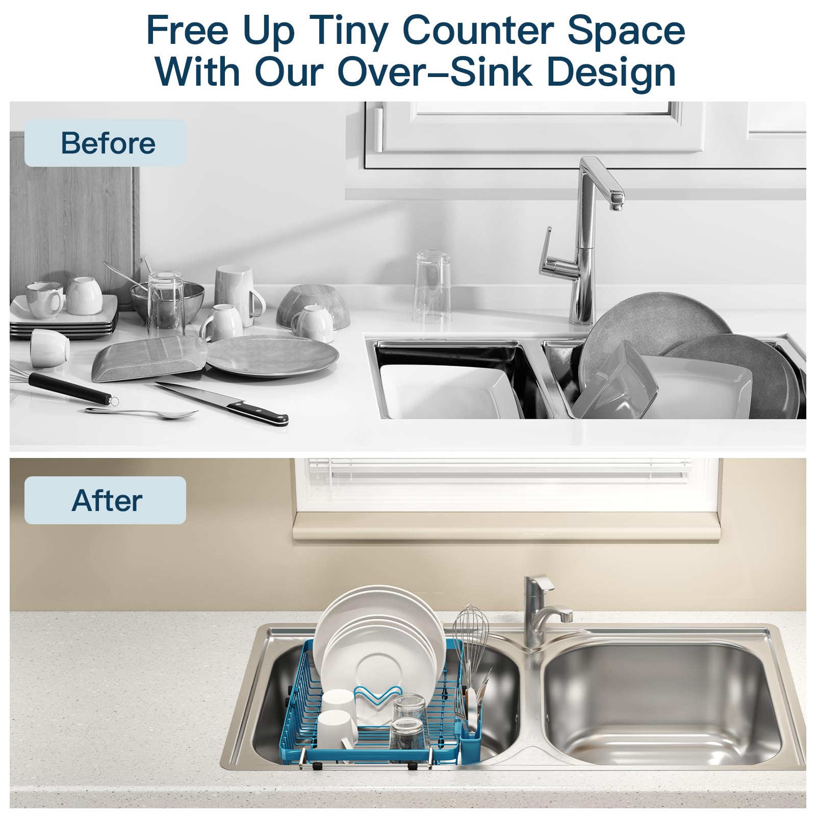 Blue Dish Drying Rack Over The Sink with Utensil Holder