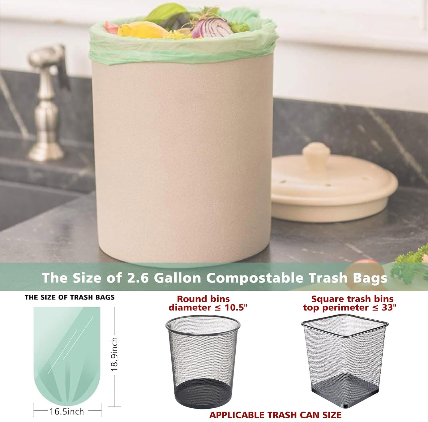 2.6 Gallon Compostable Trash Bags 125 Count Fit 10 Liter Compost Bin