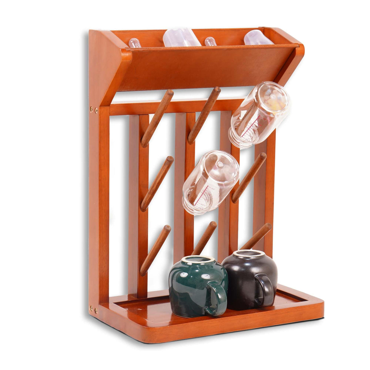 Brown Vertical Bottle Drying Rack Rubber Wood 9 Hooks