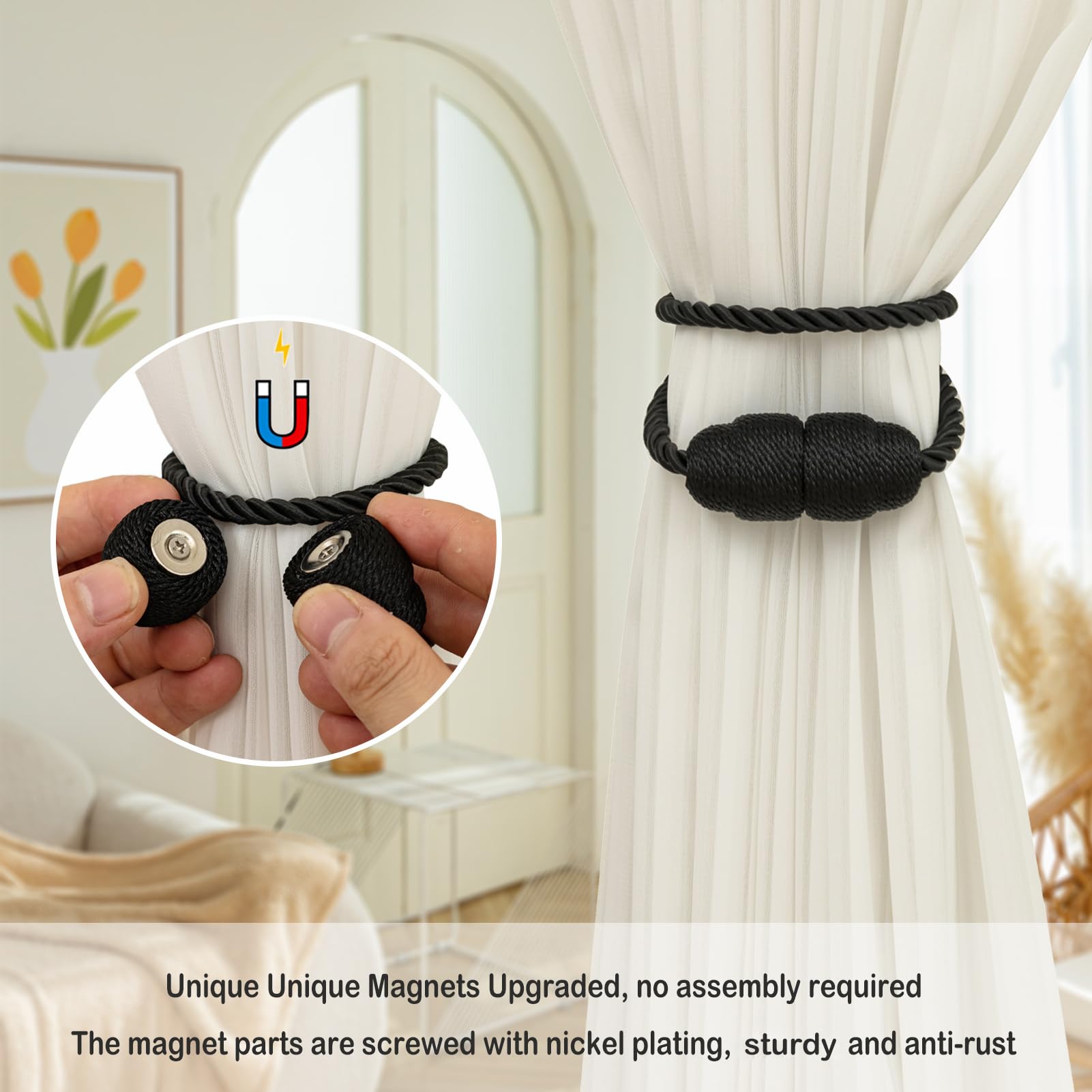 Magnetic Curtain Tiebacks Rope Curtain Tie Backs for Curtains 8 Pack Curtain Holders for Drapes Decorative Window Curtain Holdbacks