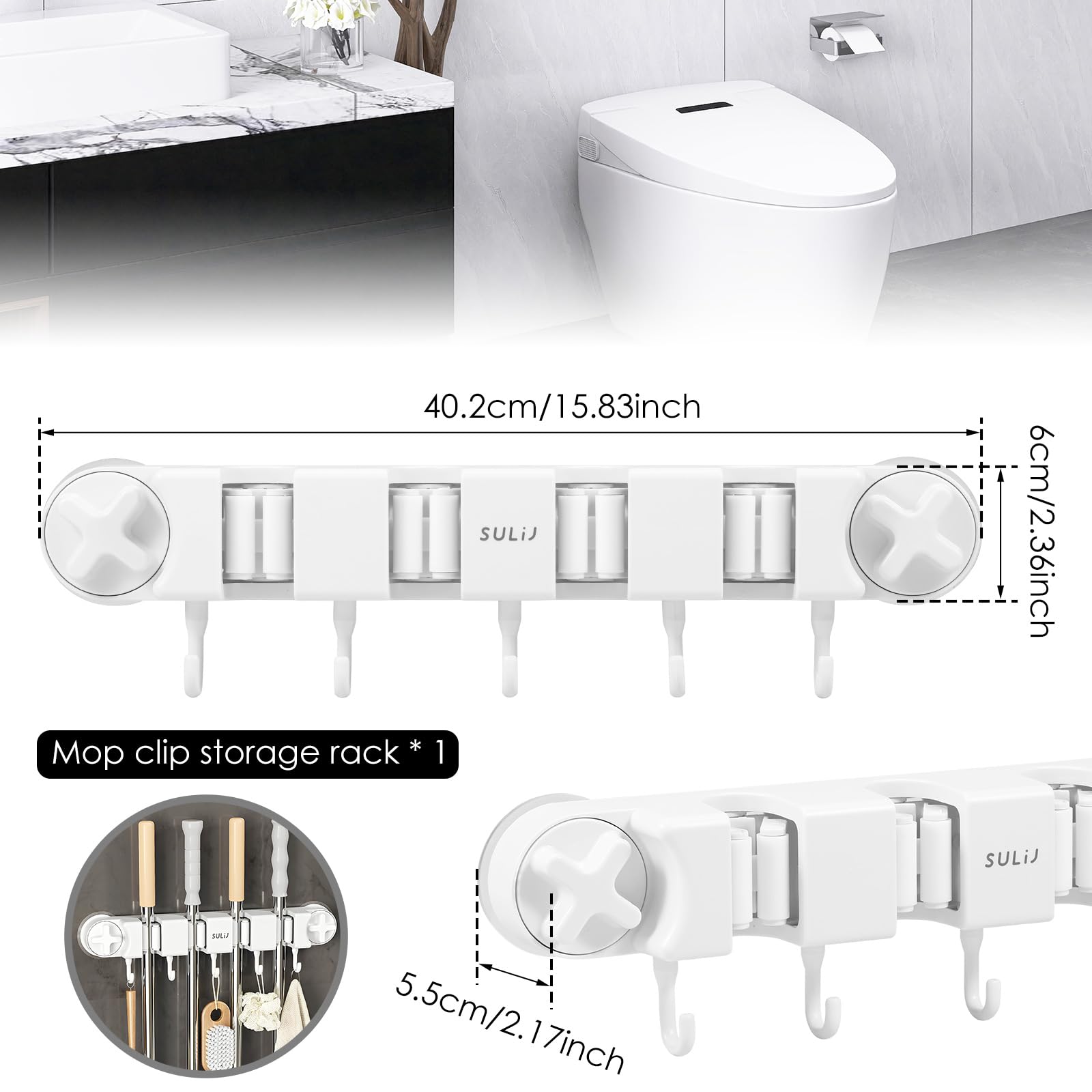 Broom Holder Wall Mount Sturdy Mop and Broom Organizer with 4 Racks and 5 Hooks Vacuum Suction Cup Broom Mop Holder for Home
